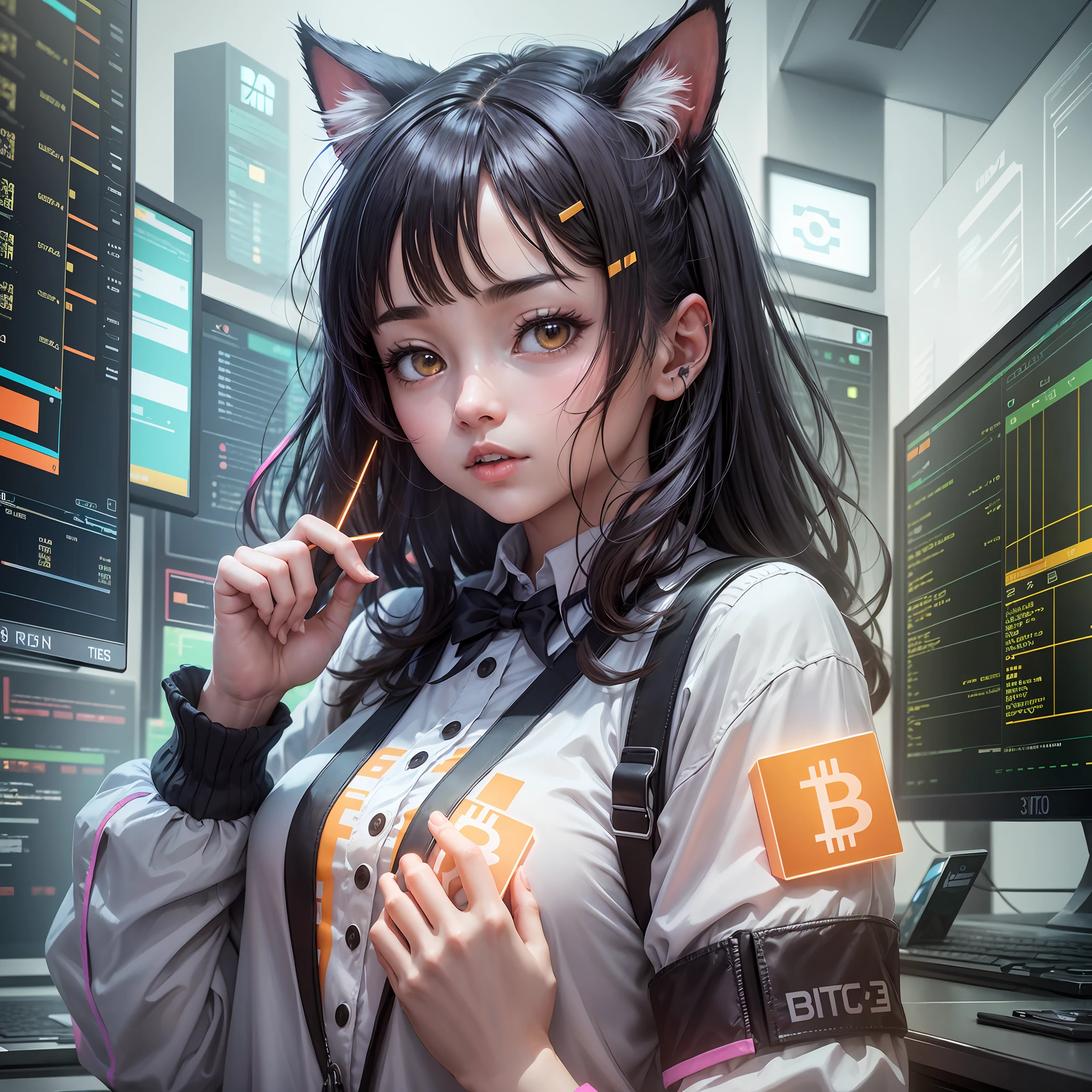 Anime girl with cat ears and a backpack in front of a computer - SeaArt AI