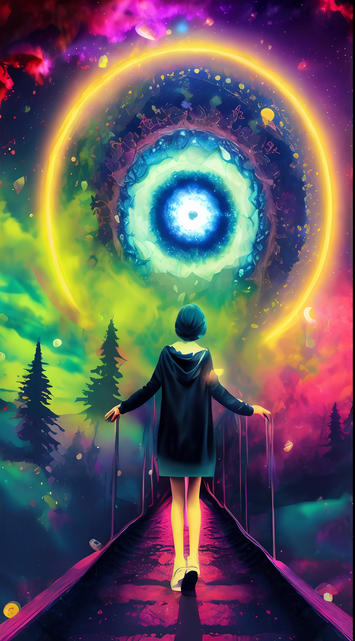 Incredible and spectacular scene, a "((high quality)), (detailed)), ((fantasy)), illustration, perspective (45 degree tilt angle), theme (enchanted forest style), scene elements (handsome boy, beautiful girl), picture quality (3D rendering effect), exquisite details, beautiful lights "emerge from glowing clouds, fractal nebula lines, cosmic entities, celestial bodies, universes, vibrant and vivid, swirling, rotating, impractical, high contrast, co-metabolic, magical, mysterious, mysterious, surreal, Oversaturated, colorful