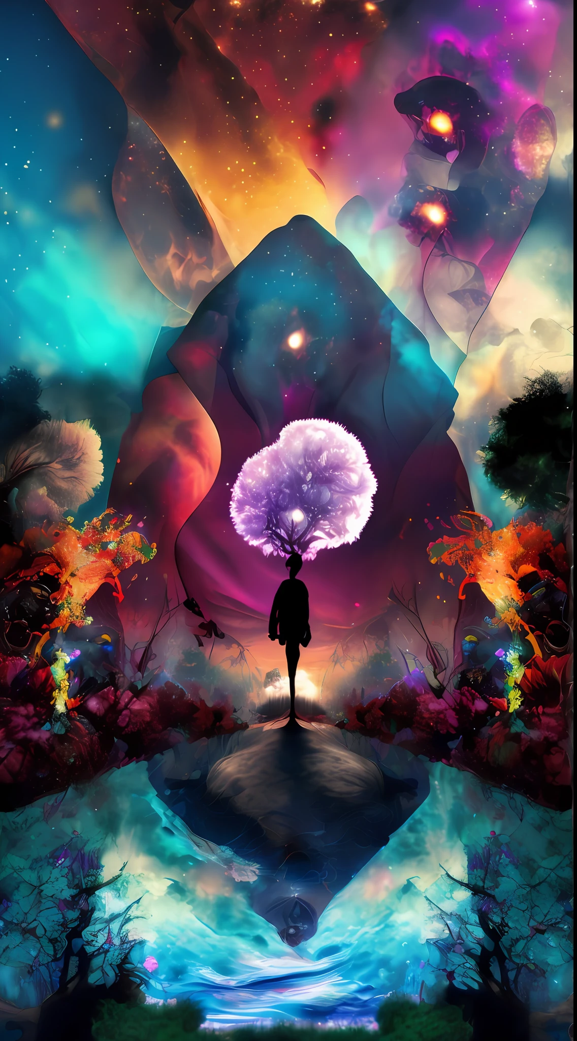 Incredible and spectacular scene, a "((high quality)), (detailed)), ((fantasy)), illustration, perspective (45 degree tilt angle), theme (enchanted forest style), scene elements (handsome boy, beautiful girl), picture quality (3D rendering effect), exquisite details, beautiful lights "emerge from glowing clouds, fractal nebula lines, cosmic entities, celestial bodies, universes, vibrant and vivid, swirling, rotating, impractical, high contrast, co-metabolic, magical, mysterious, mysterious, surreal, Oversaturated, colorful