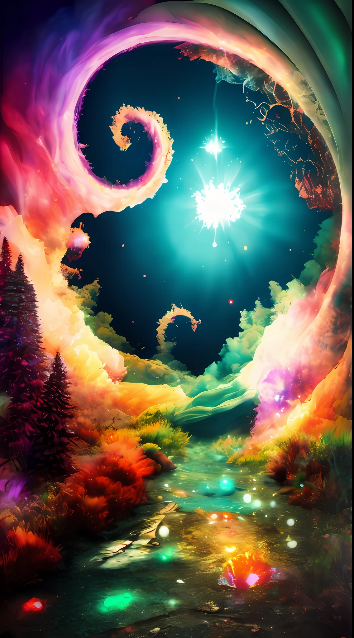 Incredible and spectacular scene, a "((high quality)), (detailed)), ((fantasy)), illustration, perspective (45 degree tilt angle), theme (enchanted forest style), scene elements (handsome boy, beautiful girl), picture quality (3D rendering effect), exquisite details, beautiful lights "emerge from glowing clouds, fractal nebula lines, cosmic entities, celestial bodies, universes, vibrant and vivid, swirling, rotating, impractical, high contrast, co-metabolic, magical, mysterious, mysterious, surreal, Oversaturated, colorful