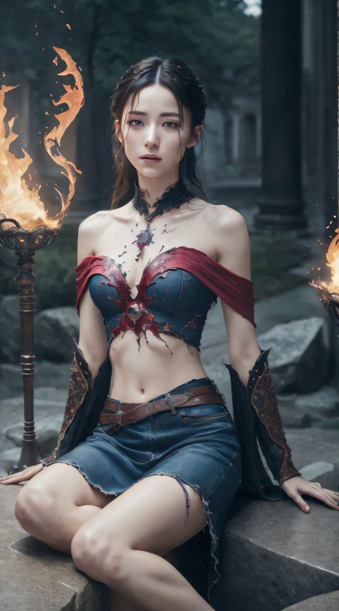 8k, complex, elegant, highly detailed, majestic, digital photography, denim lens, surrealist painting, broken ruby, beating magic, winding fire magic, (masterpiece, side light, fine beautiful eyes: 1.2), HDR, Void 5 energy storm, (Chinese girl, black eyes: 1.5), pale skin, glowing skin, ( Sitting on a stone: 1.5), delicate face, black hair, wearing palatial red armor, bare shoulders, navel, short skirt, fine red armor, raining, beautiful, looking at the audience, turning away from the camera, masterpiece, upper body,