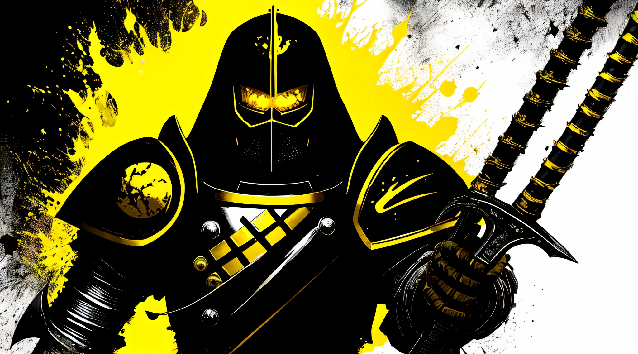 yellow and black, a medieval black knight with a flaming sword, in the style of Mork Borg, strong contrast, grunge dirty punk splash art, black metal zine