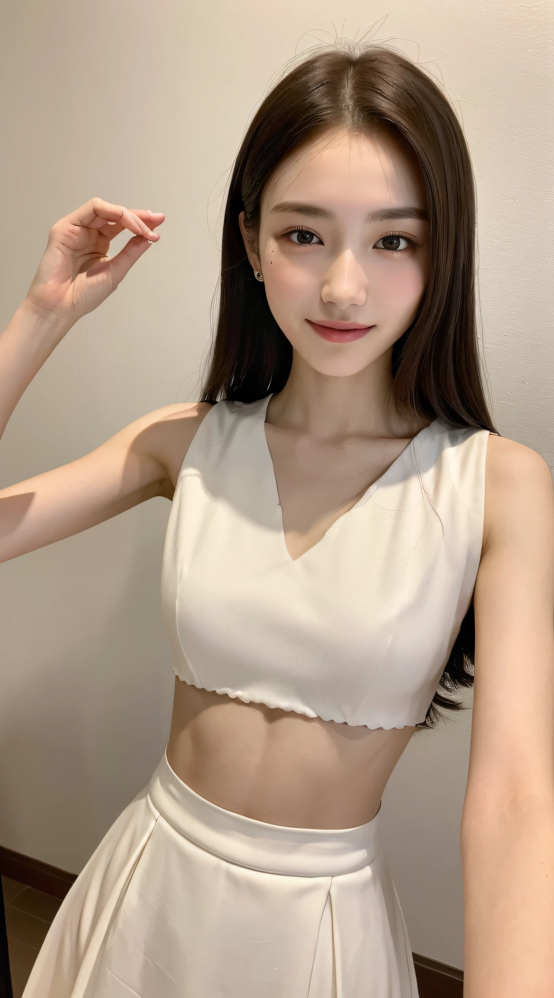 ((top quality, 8k, masterpiece: 1.3)), 1 girl, beautiful woman with accentuated slender abs: 1.3, (long hair, big: 1.2), sleeveless: 1.2, super delicate face, delicate eyes, double eyelids, smile, home