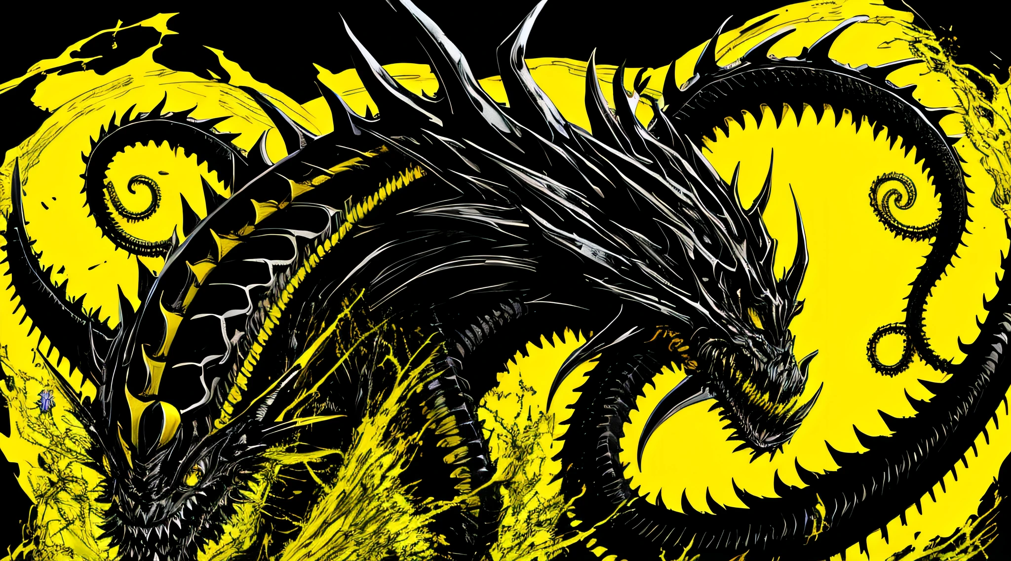 yellow and black, a dark dragon with disgusting tentacles, in the style of Mork Borg, strong contrast, grunge dirty punk splash art, black metal zine