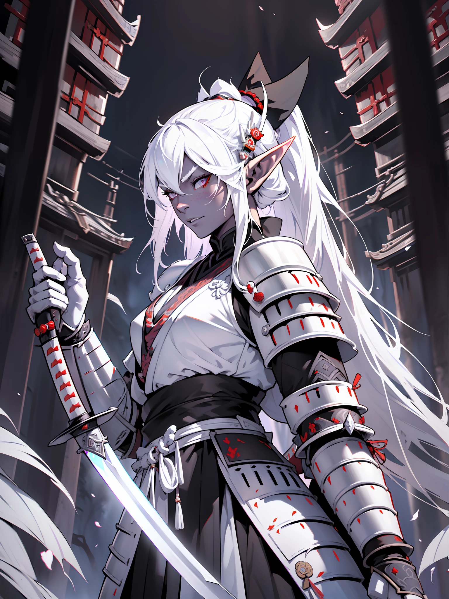 (extremely detailed 8k wallpaper:1.2), (best quality:1.2), (adventure and fantasy theme), profile (Dungeons & Dragons RPG character), ((((black elf race woman)))), (((drow))), (((asiatica))), young, beautiful, sexy, sharp focus, (subsurface scattering:1.1), award-winning photograph, ((Antipaladine Class:1.3)), ((half-body shot:1.1)), centered face, very long white hair, freckles on the face, white skin, pale skin, oriental painting of geisha on the face, bright lilac eyes:1.2, malicious expression, villainous, evil, (((((white samurai armor))))), short sword in hand, (standing inside black forest:1.3), (very detailed background:1.2), dramatic lighting, sfw