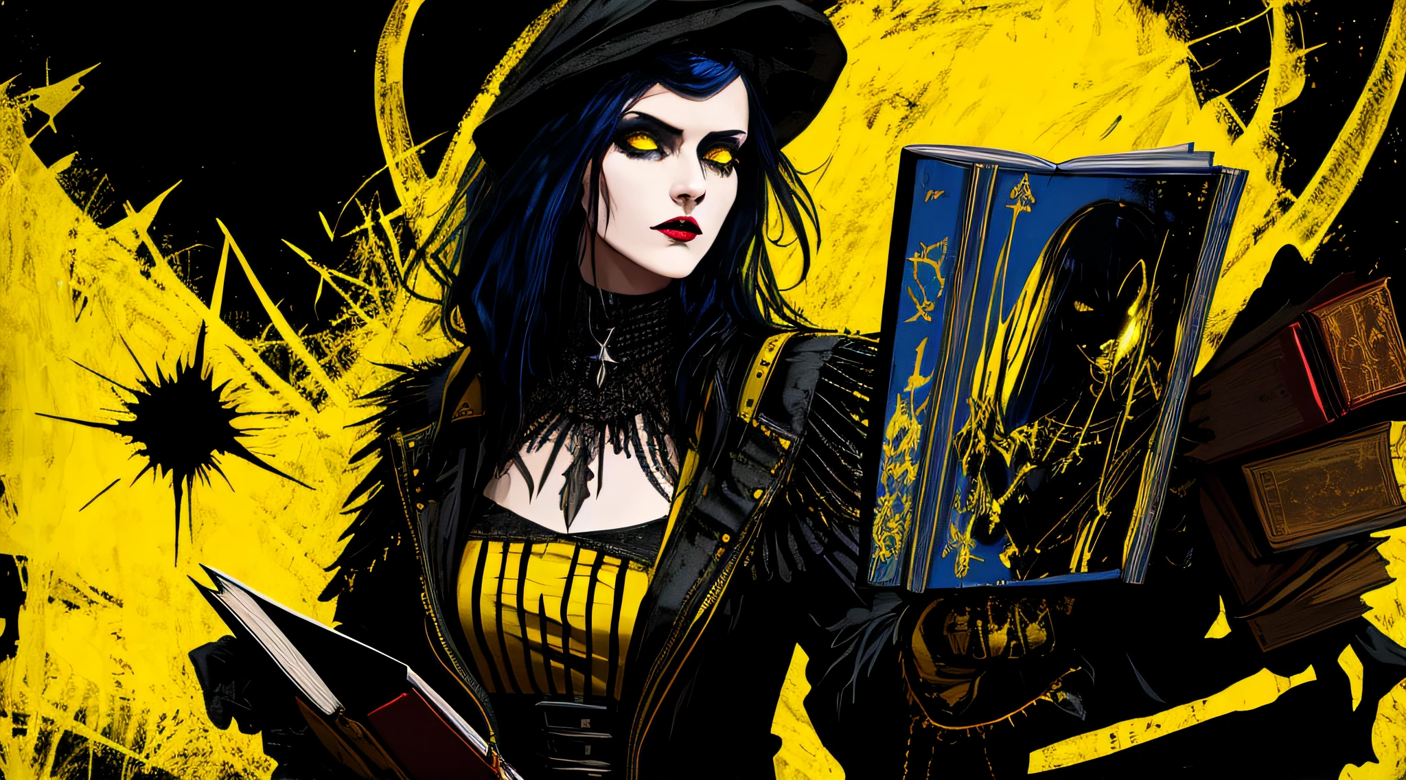 yellow and black, a medieval dark witch with a book, in the style of Mork Borg, strong contrast, grunge dirty punk splash art, black metal zine