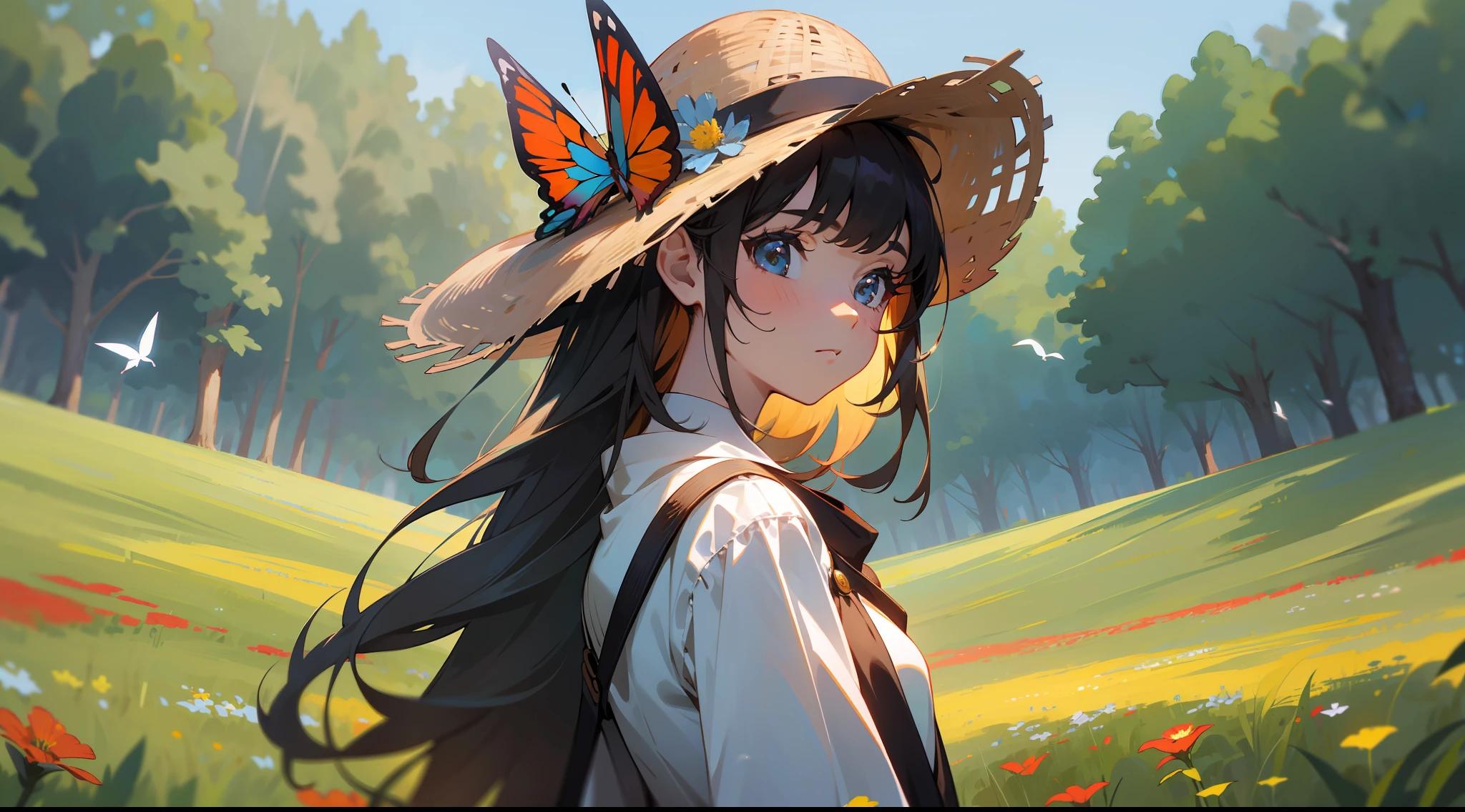 cowboy shot, upper body, far view, panorama, wide angle lens, depth of field, perspective, movie angle, arms behind back, masterpiece, best quality, super detailed, CG, 8K wallpaper, pretty face, delicate eyes, a girl, solo, open field, nature, warm sun, wildflowers, breeze, butterfly, bird