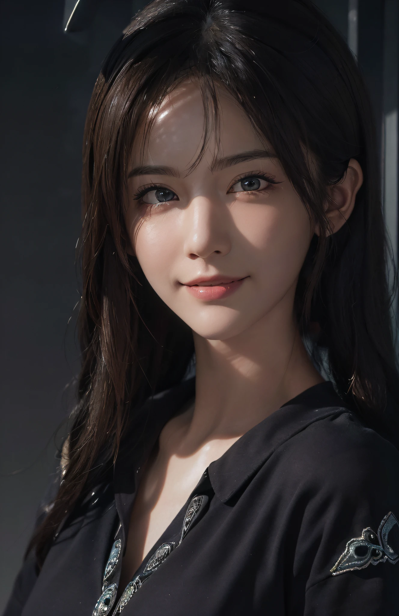 (ultra realistic) , (illustration), (increase resolution), (8K), (extremely detailed), (best illustration), (beautiful detailed eyes), (best quality), (ultra-detailed), (masterpiece),  (wallpaper), (detailed face), solo,1 girl, looking at viewers,  delicate details, detailed faces, in the dark, deep shadow, low key,pureerosfaceace_v1, smile,