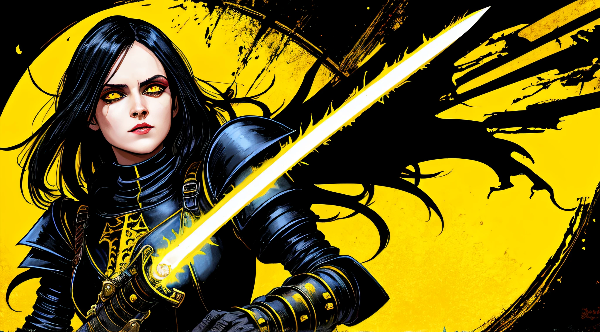 yellow and black, a medieval woman black paladin with a flaming sword, in the style of Mork Borg, strong contrast, grunge dirty punk splash art, black metal zine