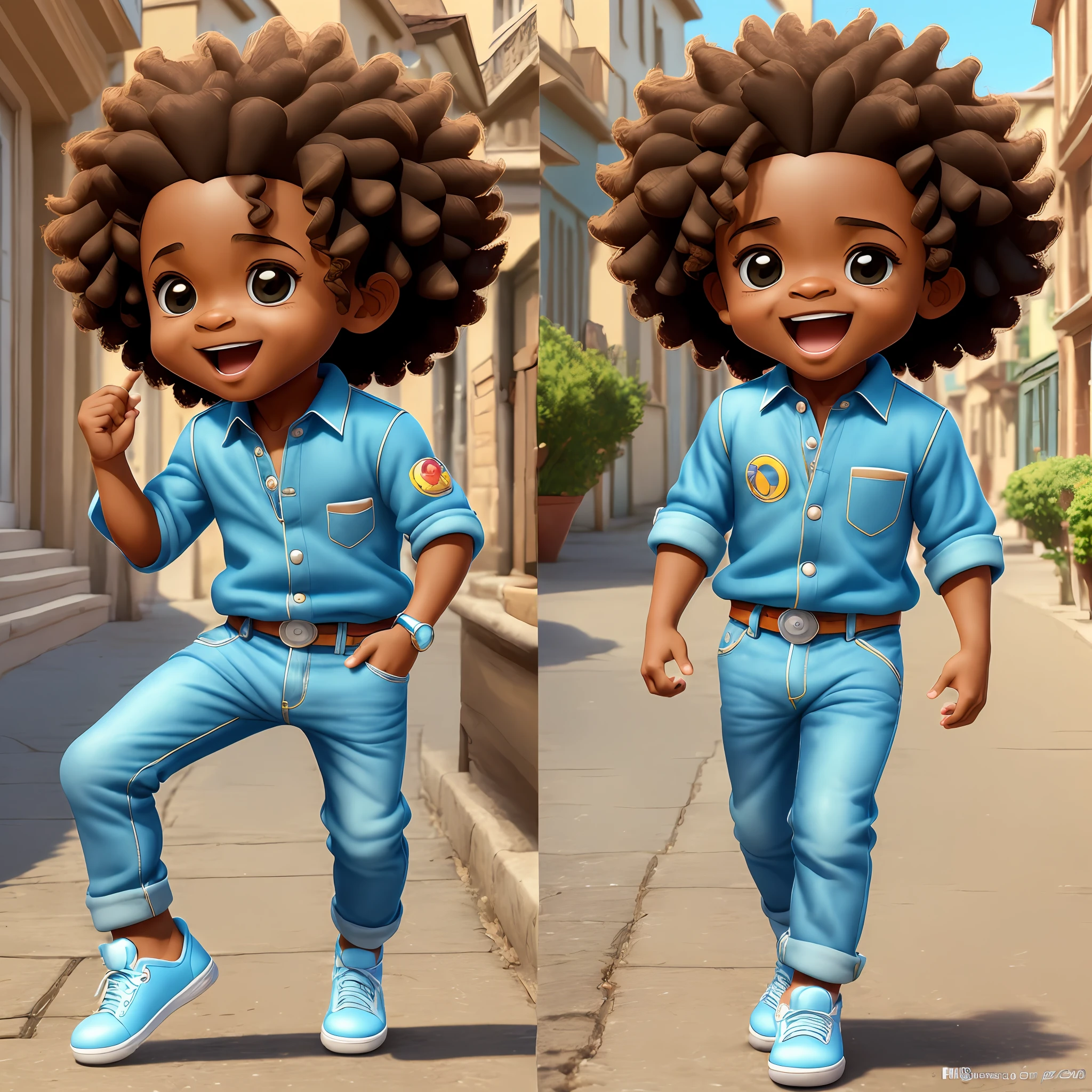 3D cartoon sticker of funny afro boy walking (sweet eyes), child smile, handsome young man, (((singing and dancing))), cute smile, chibi, Cristiano Ronaldo style, happy, big eyes, eyes of fish, affections of joy, happiness, pixar style, background blue solid color, cosplay as bilbo baggins model seaart dreamsharp --auto --s2