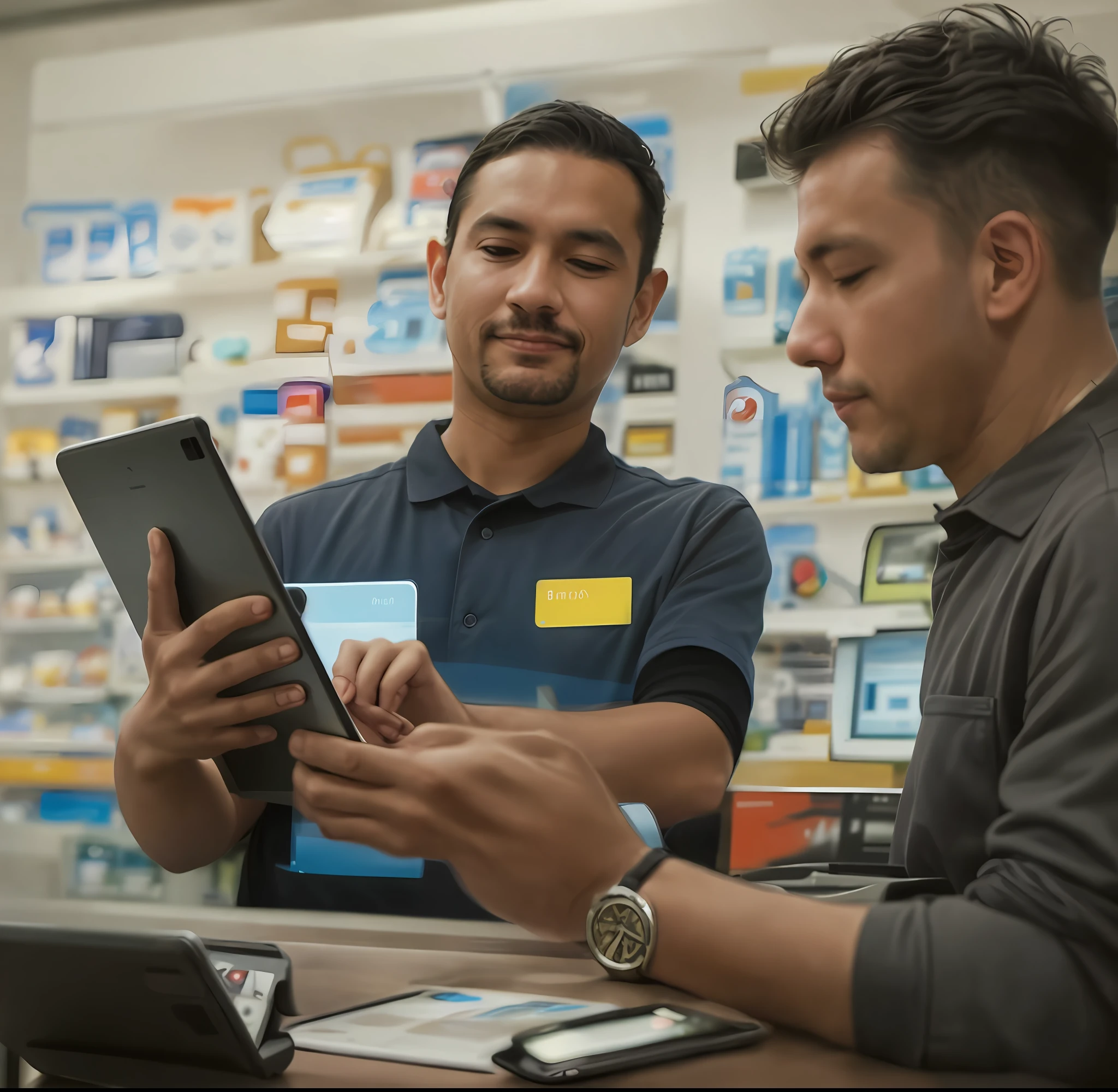 two men in a shop looking at a tablet computer, inspect in inventory image, highly technical, technical, advanced technology, technological, stunning visual, customers, tech face, it specialist, very professional, on a dark background, integrating with technology, very high resolution, with techware, smooth technology, technology, taken in 2 0 2 0, advanced technique