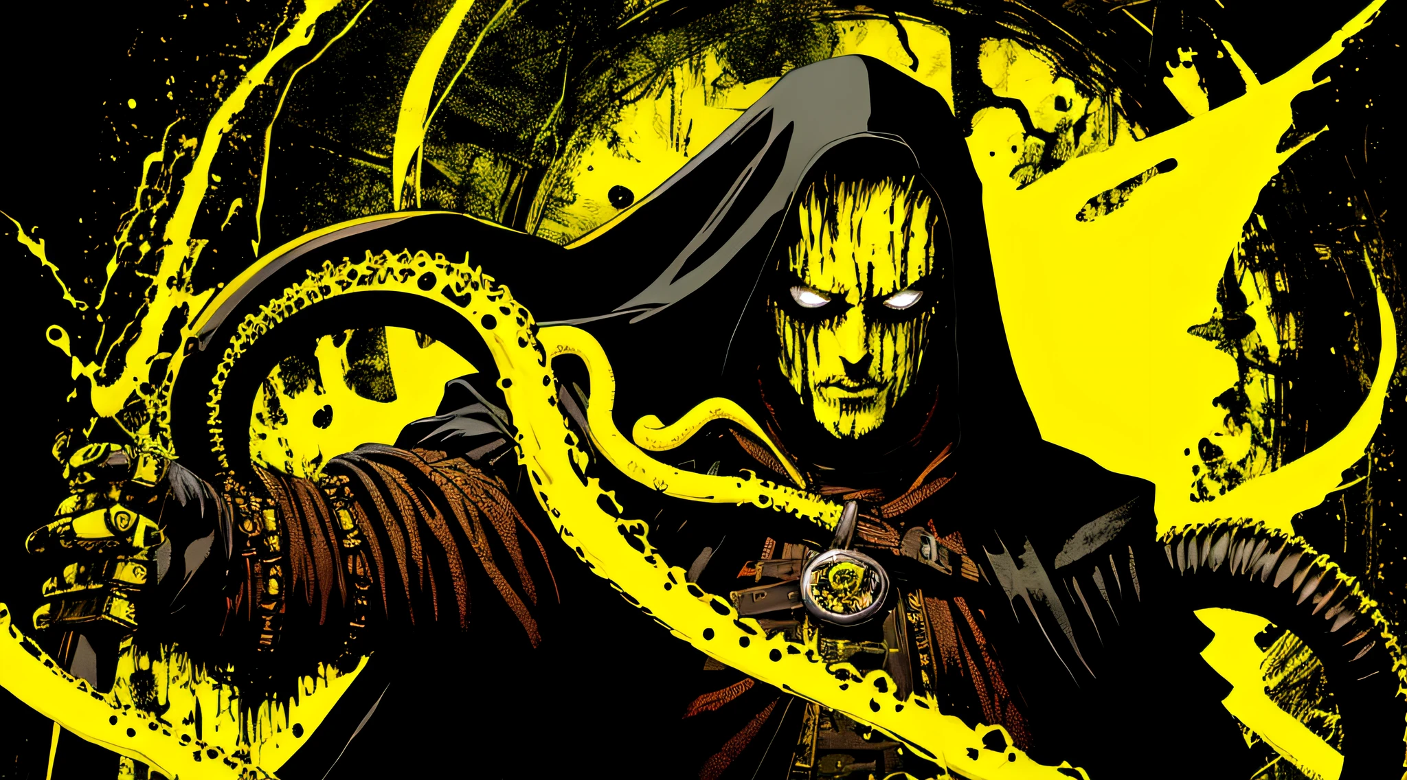 yellow and black, a medieval man dark sorcerer with disgusting tentacles, in the style of Mork Borg, strong contrast, grunge dirty punk splash art, black metal zine