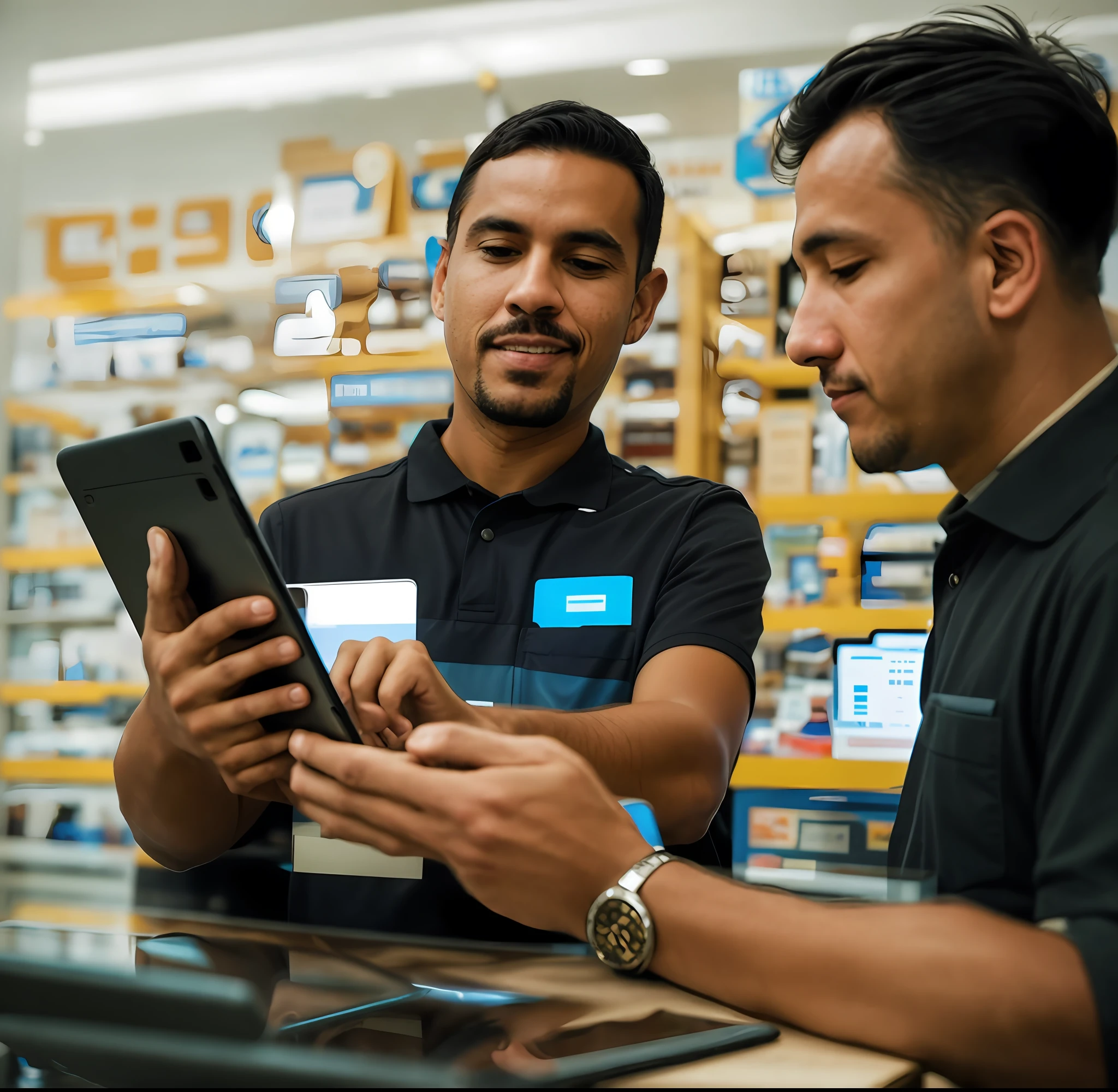 two men in a shop looking at a tablet computer, inspect in inventory image, highly technical, technical, advanced technology, technological, stunning visual, customers, tech face, it specialist, very professional, on a dark background, integrating with technology, very high resolution, with techware, smooth technology, technology, taken in 2 0 2 0, advanced technique