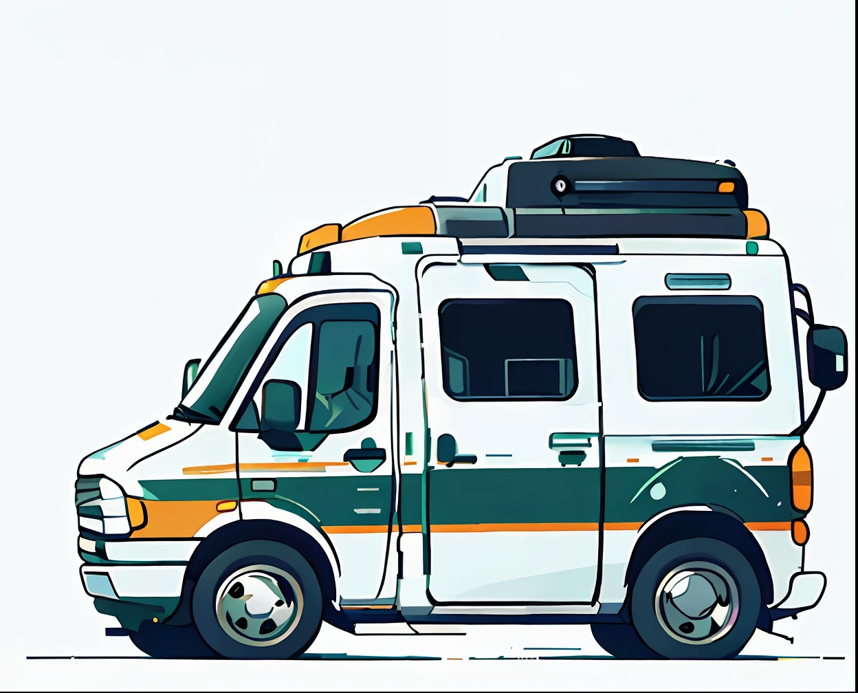 (side view) of an (ambulance) with (flat design) and (cartoon) style. The illustration is (2D) without any outlines and placed on an isolated white background.