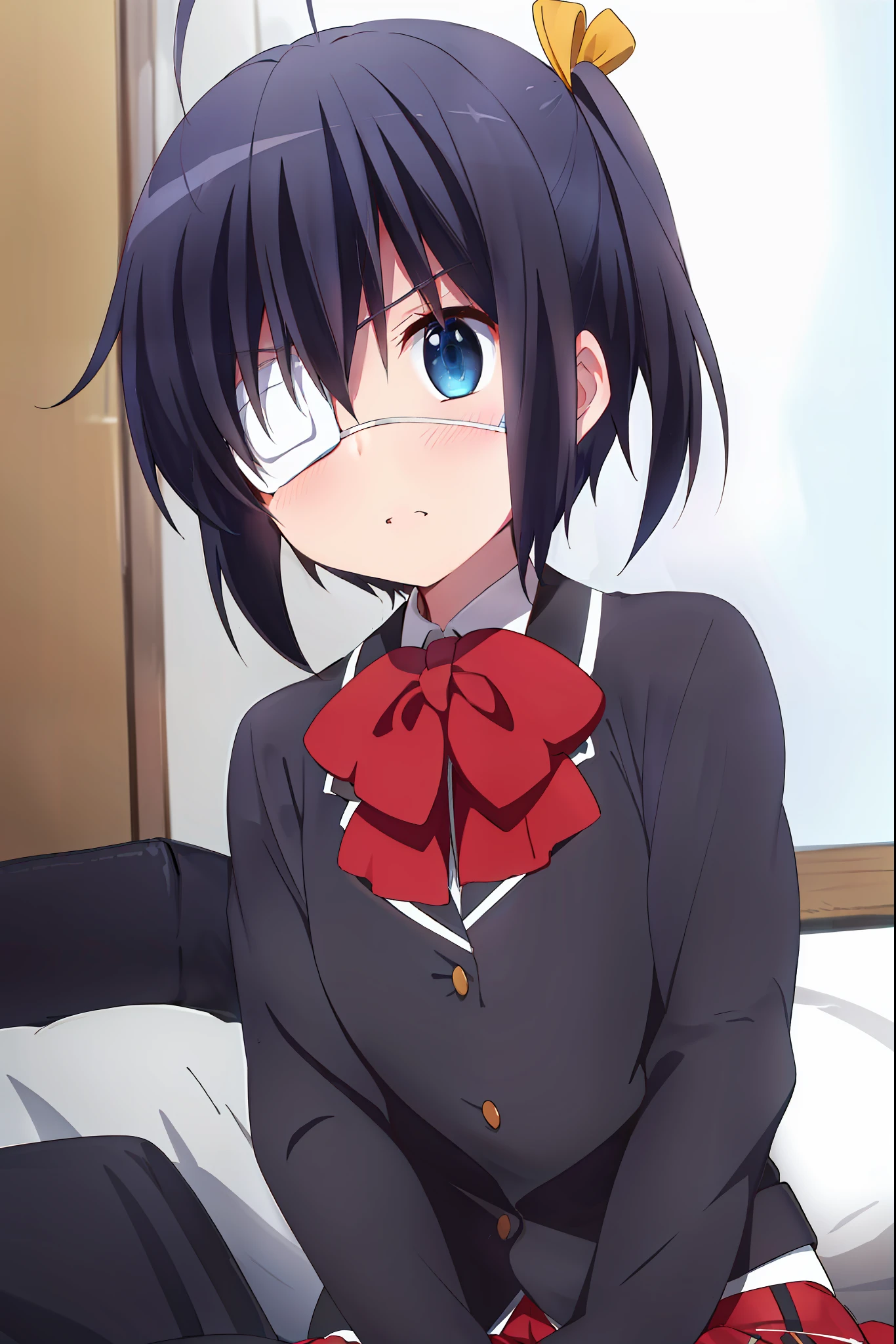 high res, masterpiece,Rikka Takanashi, black hair, solo, 1girl,outside,deatailed background, detailed eyes, ((blue eyes)), eyepatch