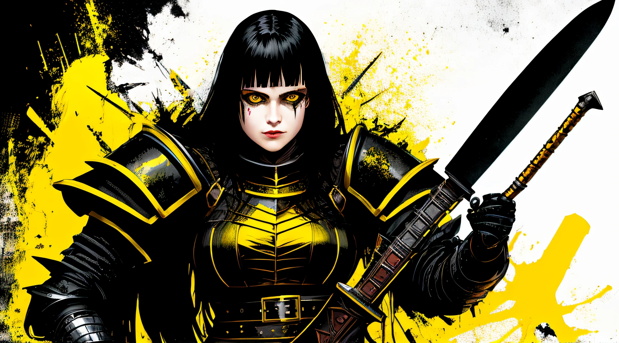 yellow and black, a medieval female black knight with a large axe, in the style of Mork Borg, strong contrast, grunge dirty punk splash art, black metal zine