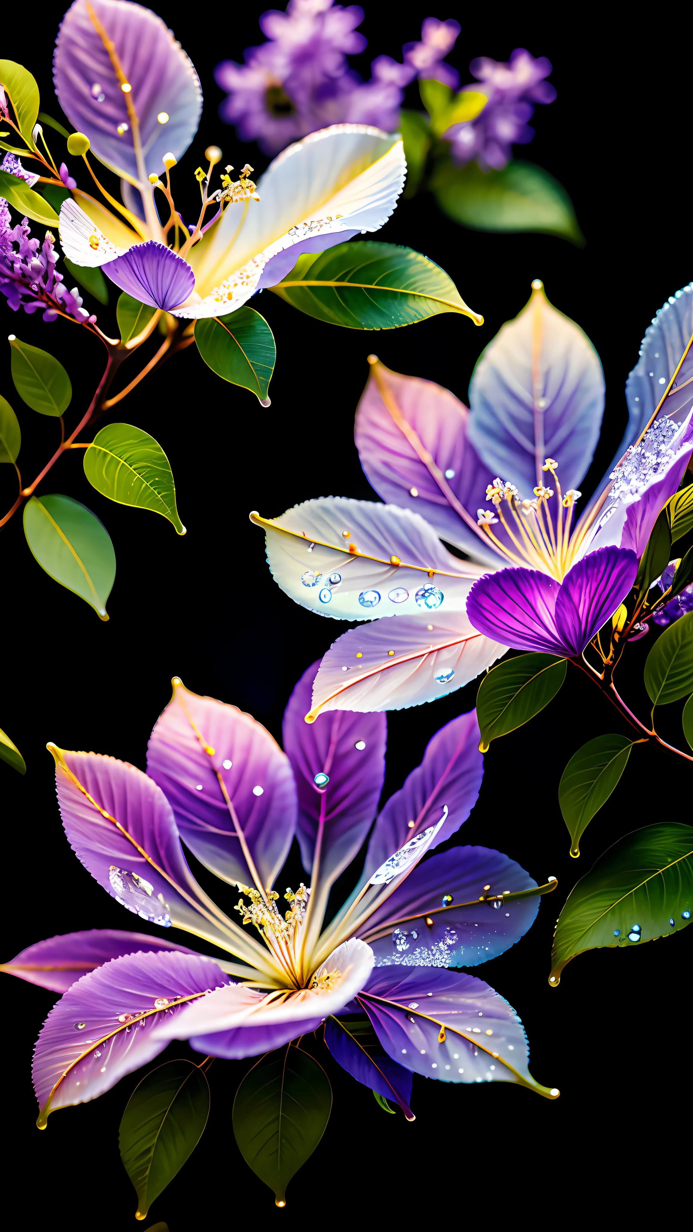 Delicate branches of lilacs, ultra-transparent, holy light, beautiful spectral light, petals glowing, shimmering, dark background, transparent droplets, reflected light, bright, light flowing in, optics, portrait contours, sharp focus, magical, intricate, surreal, fantasy, composition, light, trends on artstation, pearls, patron saint clouds of silver vapor, corrosion enveloping ray family, water droplets, 8k, ureal ar 23v4 uplight