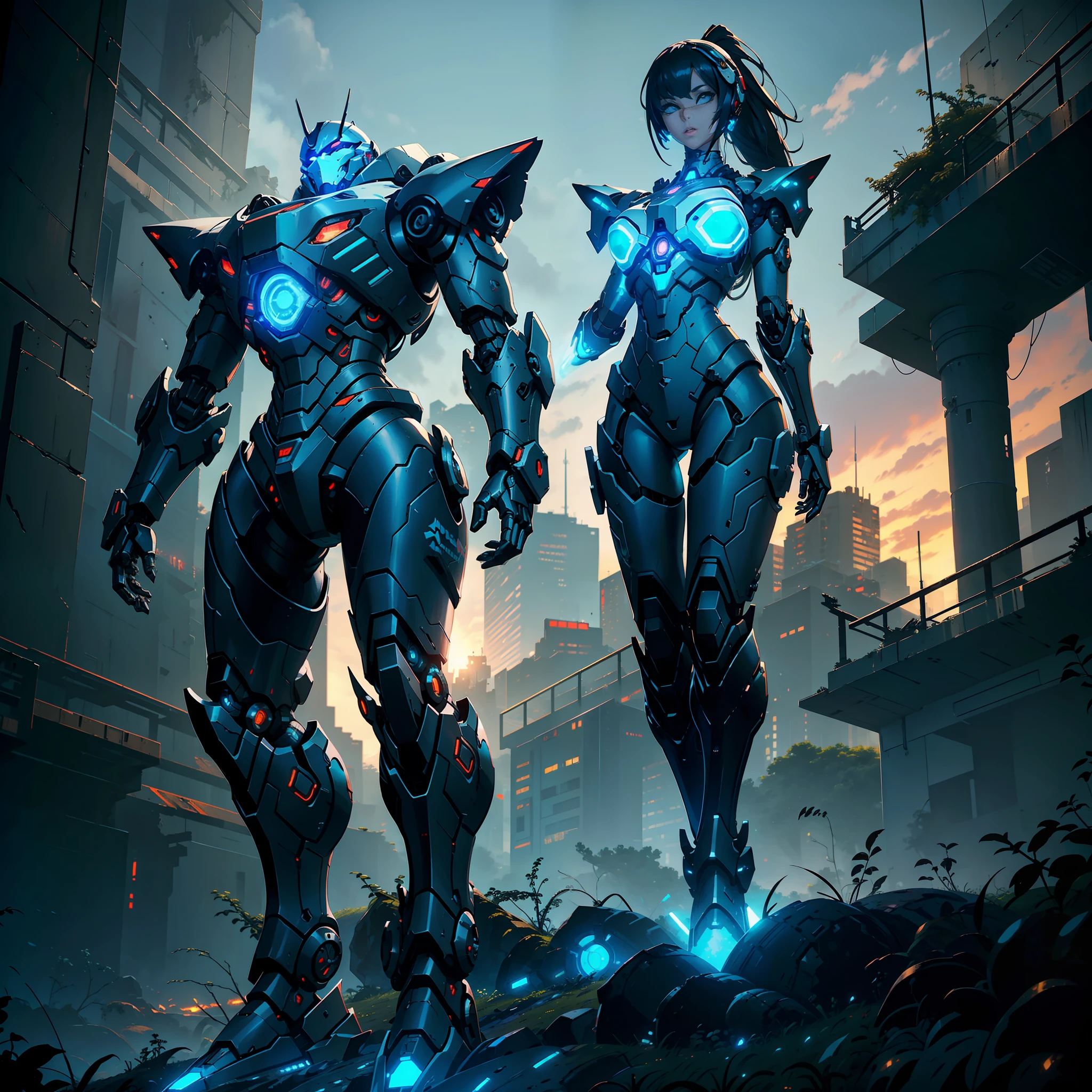 cybernetic beauty, (mech suit), battle mode, metal body, abandoned ruins, (gigantic robot), photorealistic, high texture, (dusk), 3D effect.