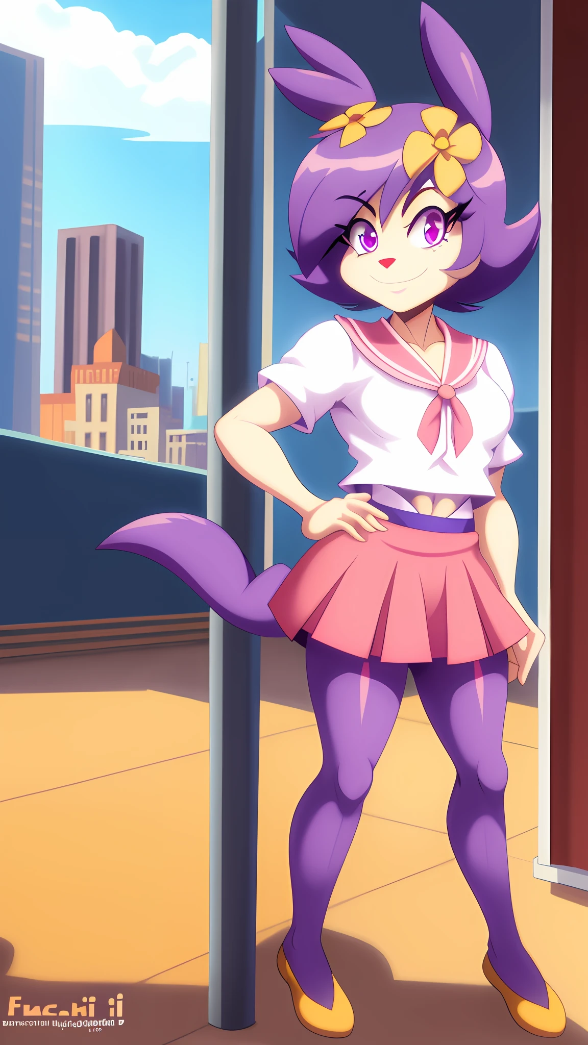 furry female,solo,dot_warner_ecchi,short hair,bangs,flower,hair ornament,purple eyes,animal ears,body fur,tail,school uniform,serafuku,short skirt,pink skirt,smile,looking at viewer,city,(shantae_styleAI:0.7),