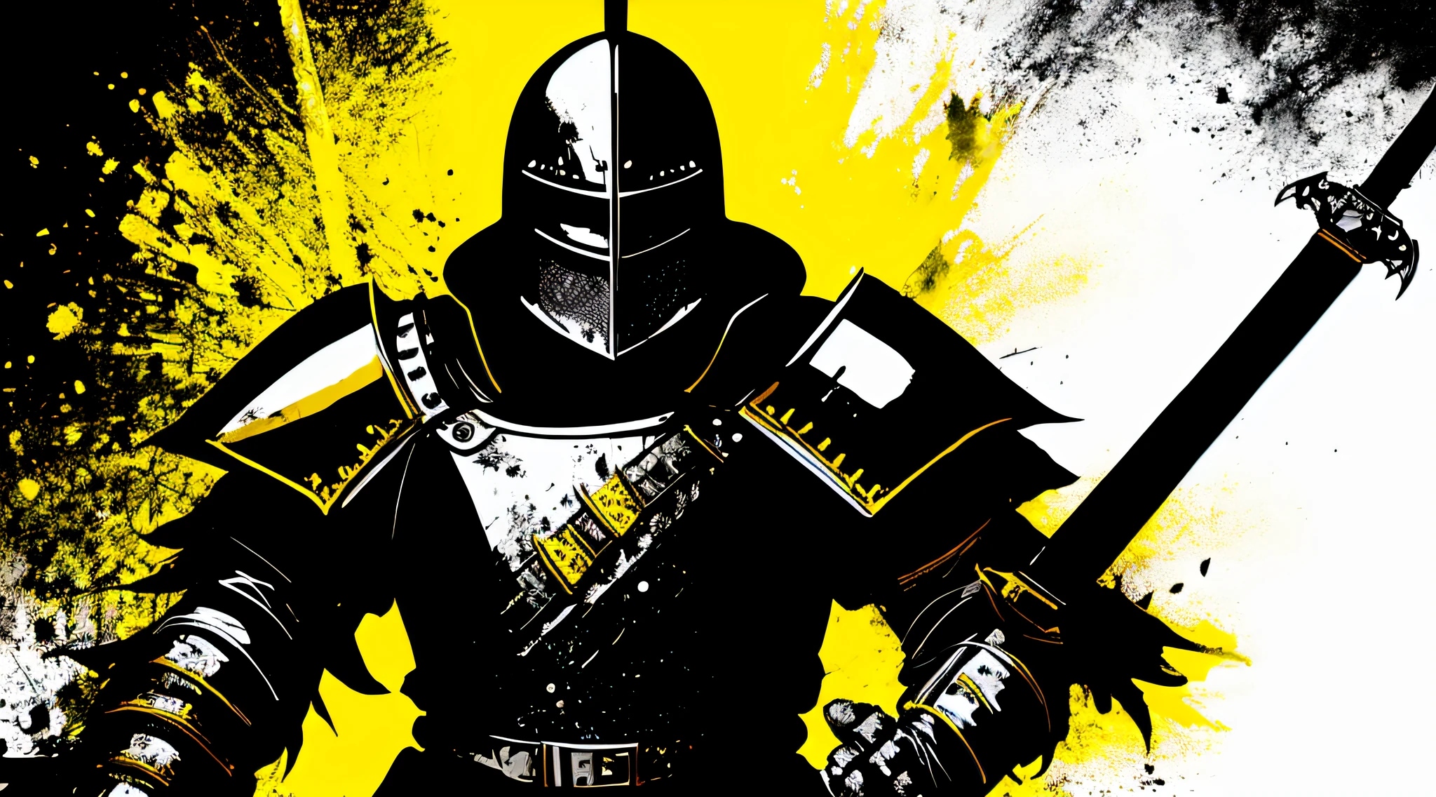 yellow and black, a medieval black knight with a large sword, in the style of Mork Borg, strong contrast, grunge dirty punk splash art, black metal zine