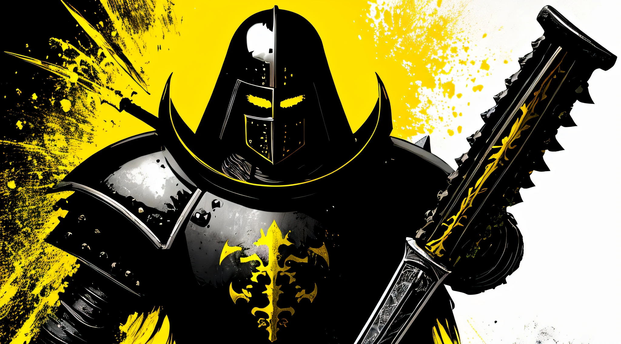yellow and black, a medieval black knight with a large sword, in the style of Mork Borg, strong contrast, grunge dirty punk splash art, black metal zine