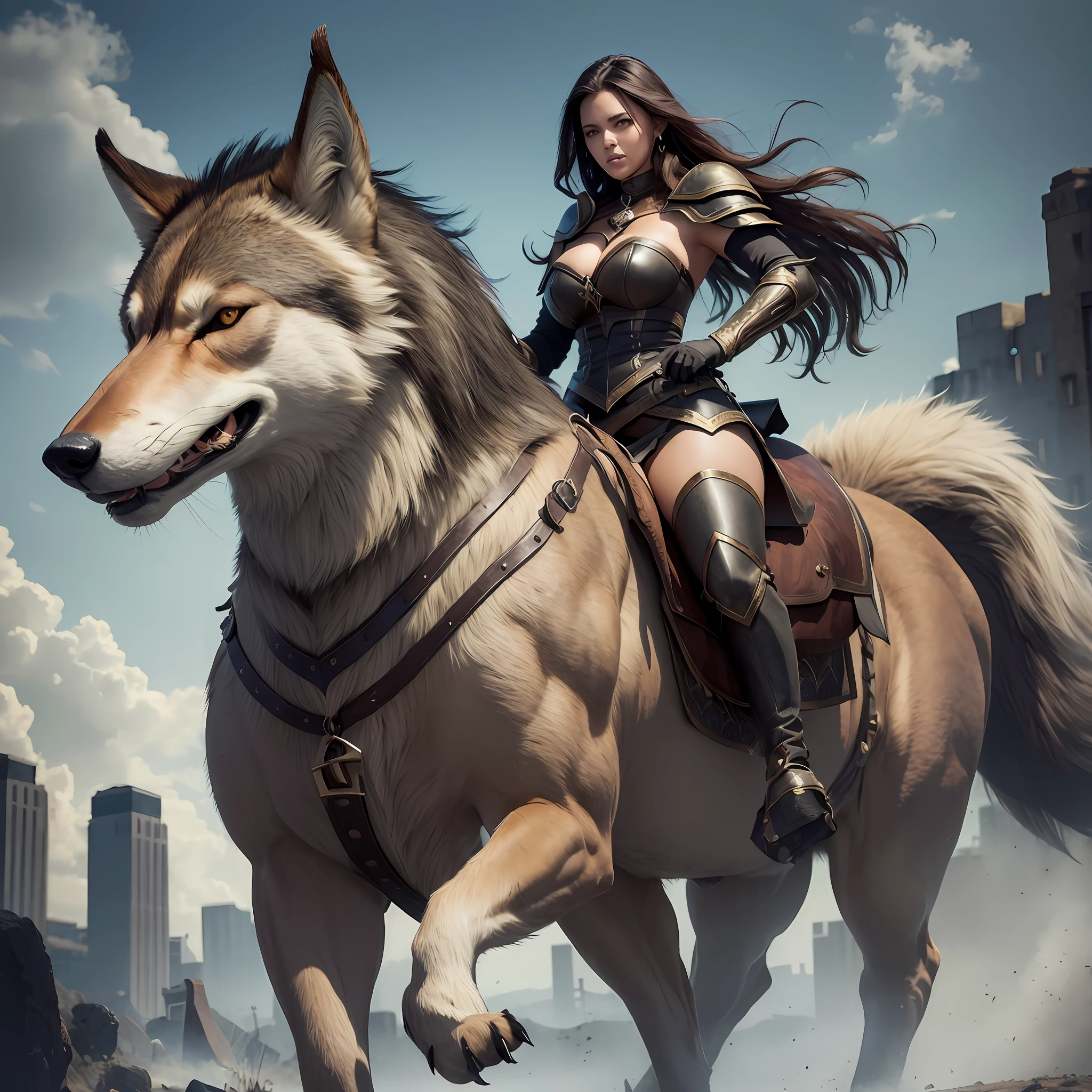 Beautiful woman mounted on gigantic wolf,imposing,proportional size for mount,walking well from wandering, lurking on the battlefield,beautiful image,suspense,realistic