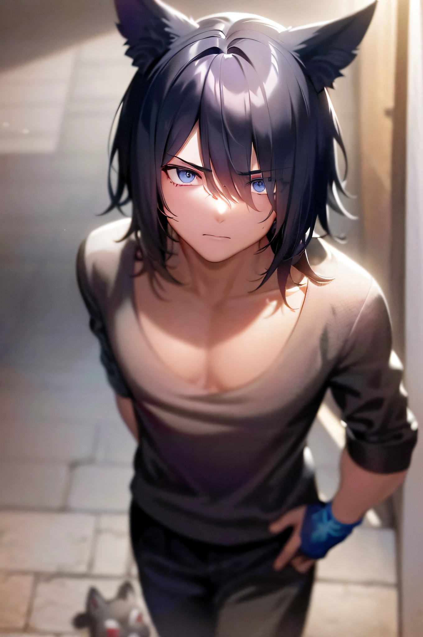 ((A male:1.2)), ((man:1.2)), first-person view, glaring, Face Shot, soft light, The upper part of the body, An exquisitely detailed and beautifully rendered CG artwork featuring the epic, blue-eyed protagonist Gojou Satoru gazing directly at the viewer while standing at the deserted warehouses, blue eyes, (short black hair:1.2),bandage on face, ((fake dog ears:1.2)), (dark alleys:1.2), (the loneliness of a future world:1.2), (blue T-shirt:1.2), styled with a captivating hairdo, helpless loneliness, accentuated with bangs and hair between eyes, highlighting his distinctive and stylish black and short hair, This dynamic composition expertly showcases his strong male focus, in a manner that captivates and intrigues viewers