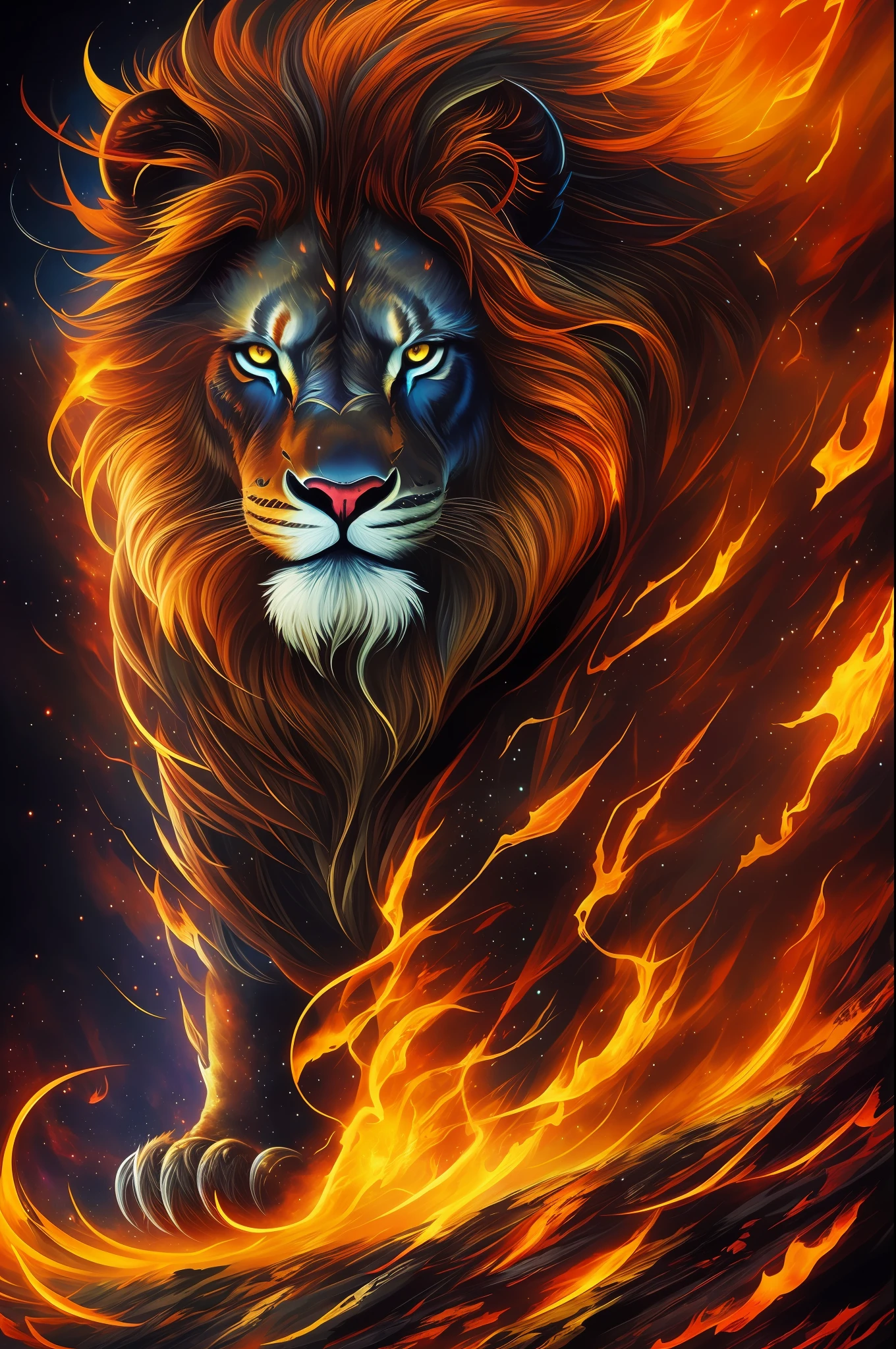 (masterpiece), best quality, ultra-detailed, (painterly), (fantasy art), (magical creature), black lion, (glowing eyes), (fiery mane), (dramatic pose), dynamic lighting, (vibrant colors), (mesmerizing atmosphere), (mysterious aura). --auto --s2