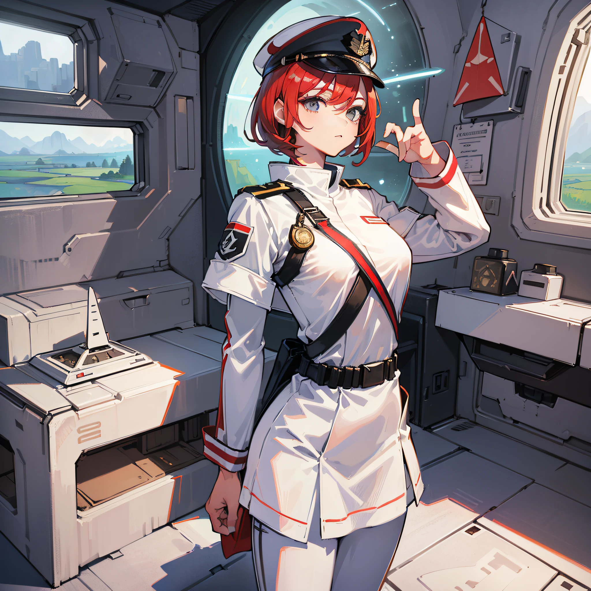 ((Masterpiece)), ((Best Quality)), ((Best Quality)), (Illustration of one girl), Full body, Short red hair, (Thin hair hanging down both sides of the face), ((Tall)), Muscular strong body, (((Army uniform)), ((Army Hat)), (White clothes and hat), ((Inside the spaceship)), (Outside the window is space)