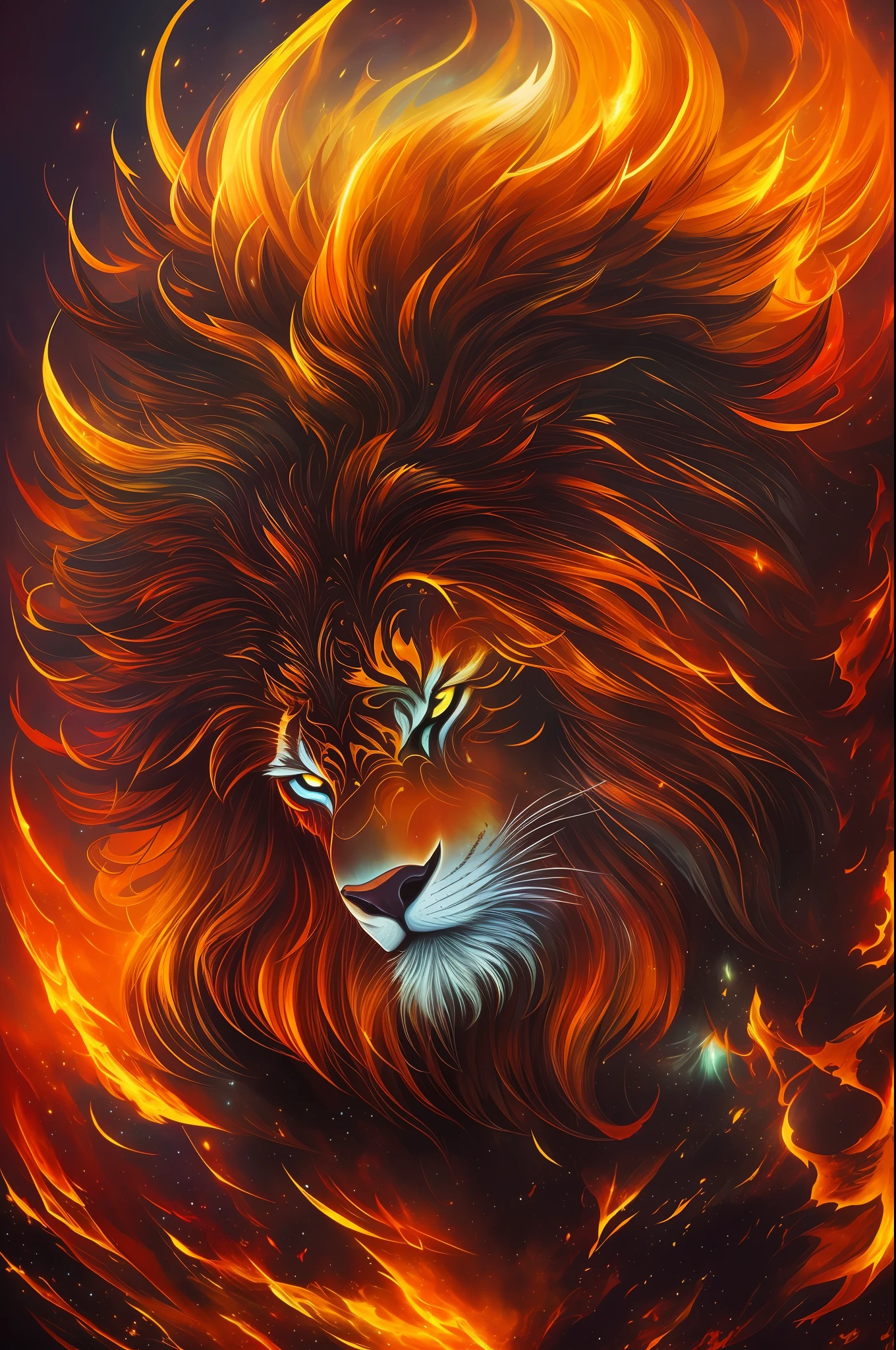 (masterpiece), best quality, ultra-detailed, (painterly), (fantasy art), (magical creature), black lion, (glowing eyes), (fiery mane), (dramatic pose), dynamic lighting, (vibrant colors), (mesmerizing atmosphere), (mysterious aura). --auto --s2