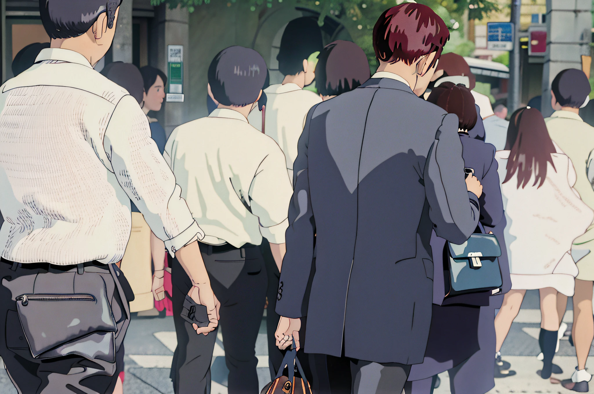 people walking on a sidewalk with a man in a suit and tie, walking to work with a briefcase, in a tokyo street, walking to work, many people walking about, walk in a funeral procession, in the streets of tokyo, ethnicity : japanese, he is carrying a black briefcase, people walking around, crowded street, busy street, people walking in street