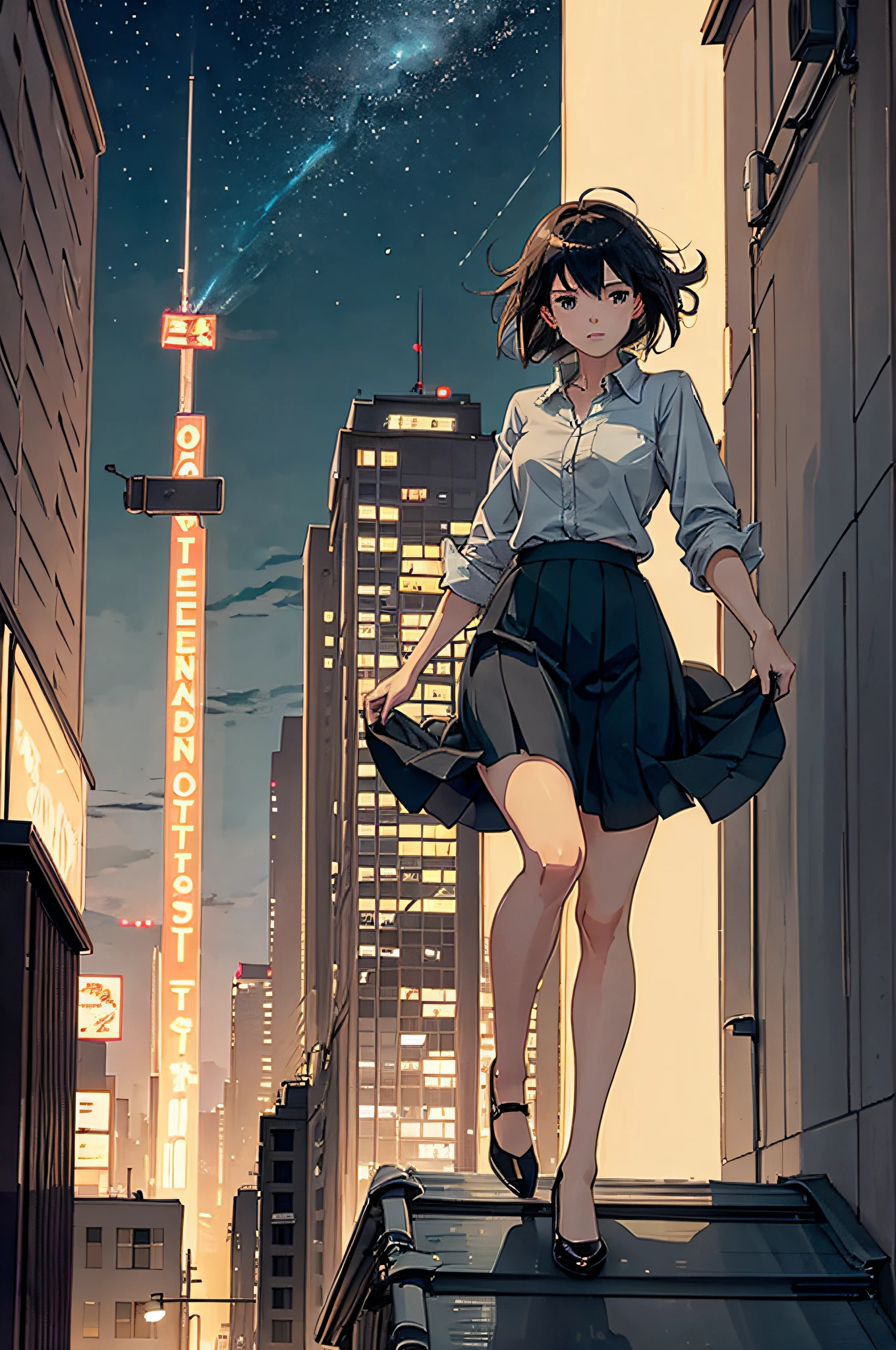 (Masterpiece: 1.2, highest quality), (Lighting) 3, Midnight, Young Lady, Solo, Brown Short Hair, (Glossy Skin: 1.2), Full body, Standing on the roof of a building, Behind the figure, Face not visible at all, Gray shirt, Black flared long skirt, Pumps, Both hands not touching the skirt, Backlit, Very windy, City at night, Makoto Shinkai