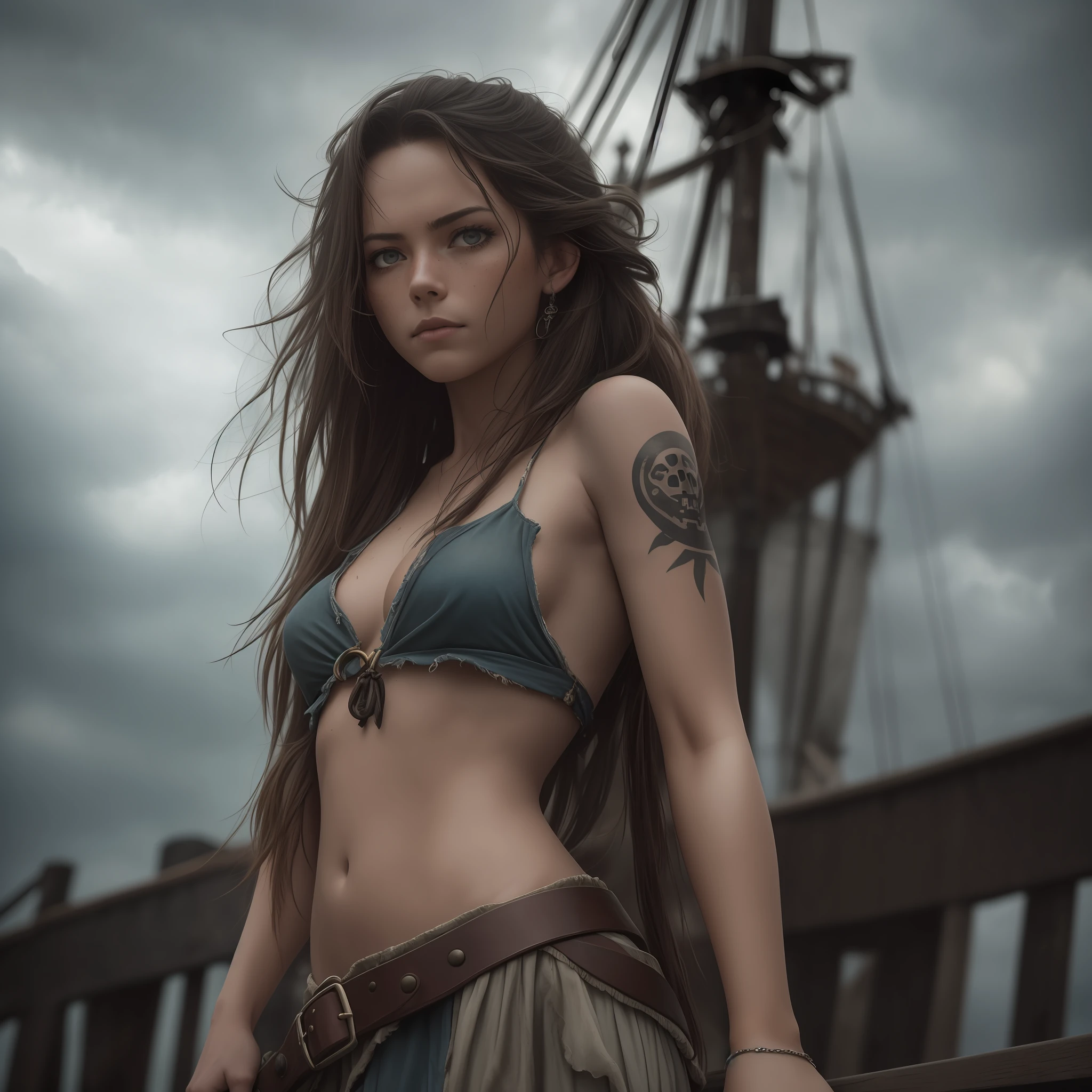 spectacular lighting, highest quality, cinematic shot (attractive Anne Bonnie, in dirty tattered pirate clothes, standing on the deck of a pirate ship moored in the Caribbean port), dirty, gloomy atmosphere, toned body (torn clothes: 0.8), perfect face, looking at viewer, (detailed skin), [tattoos], [freckles], (dirty), (dirty), (dirty), (dirty), (storm clouds) :0.7), (stormy weather: 0.5 ), dim natural light (direct light: 0.4), 8mm film grain, photographed with Sony a9 II, 24mm lens, f/2.8, deep focus (RAW), 8k, (still from Lost pirate kingdom)