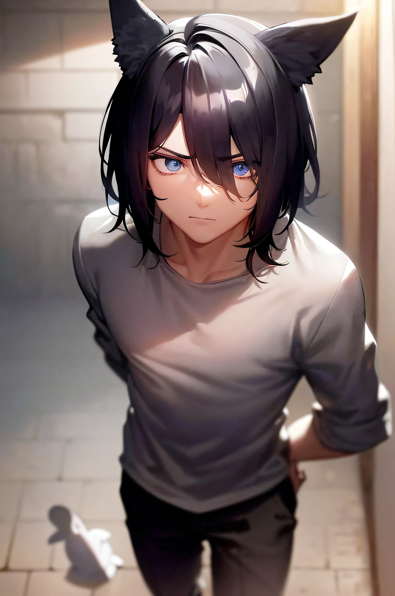 ((A male:1.2)), ((man:1.2)), white T-shirt, first-person view, glaring, Face Shot, Cold light, An exquisitely detailed and beautifully rendered CG artwork featuring the epic, blue-eyed protagonist Gojou Satoru gazing directly at the viewer while standing at the deserted warehouses, blue eyes, (short black hair:1.2),bandage on face, ((fake dog ears:1.2)), (dark alleys:1.2), (the loneliness of a future world:1.2), ((White shirt:1.2)), styled with a captivating hairdo, helpless loneliness, accentuated with bangs and hair between eyes, highlighting his distinctive and stylish black and short hair, This dynamic composition expertly showcases his strong male focus, in a manner that captivates and intrigues viewers
