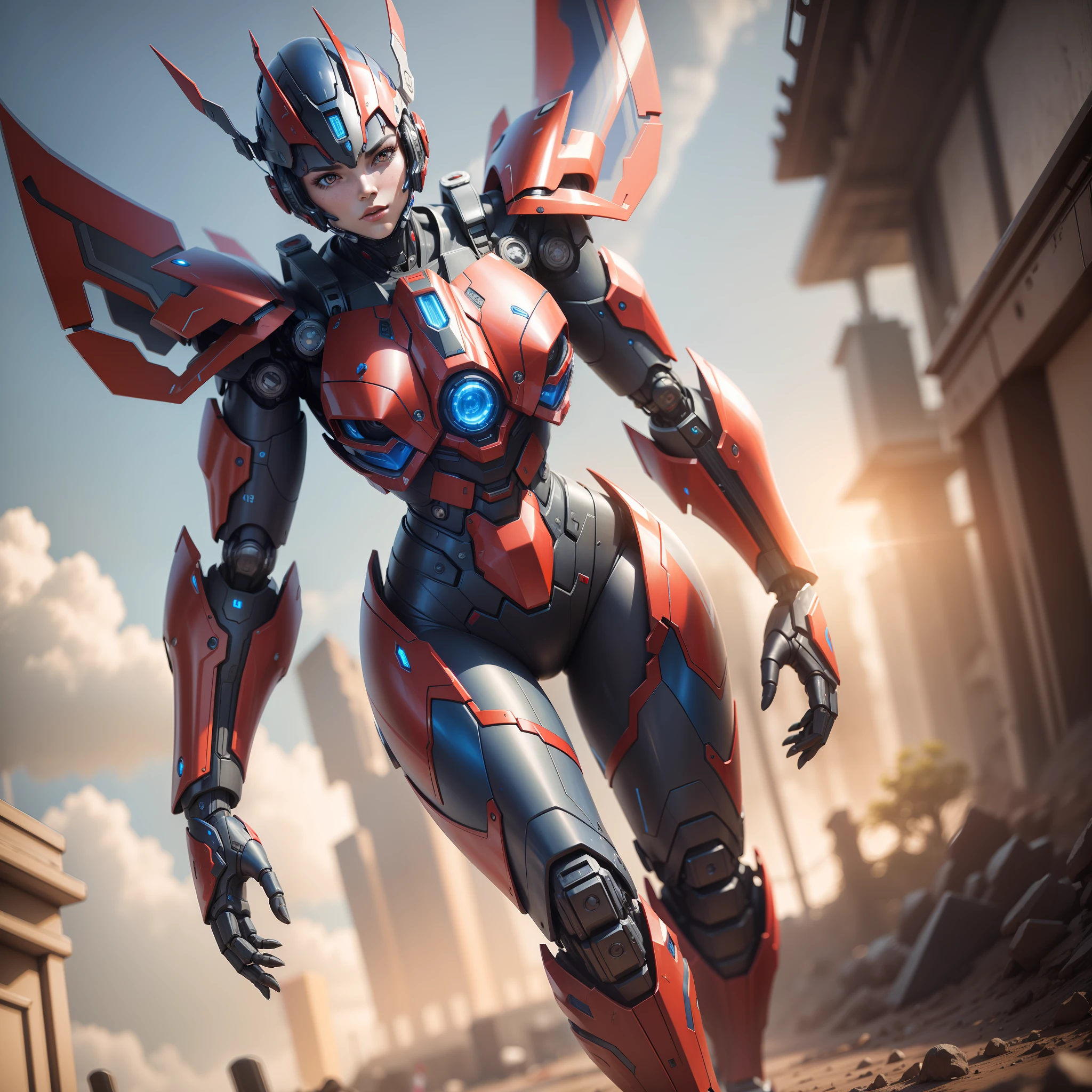 8k ultra realistic humanoid girgante mecha in metallic details of red and blue colors running in Petropolis