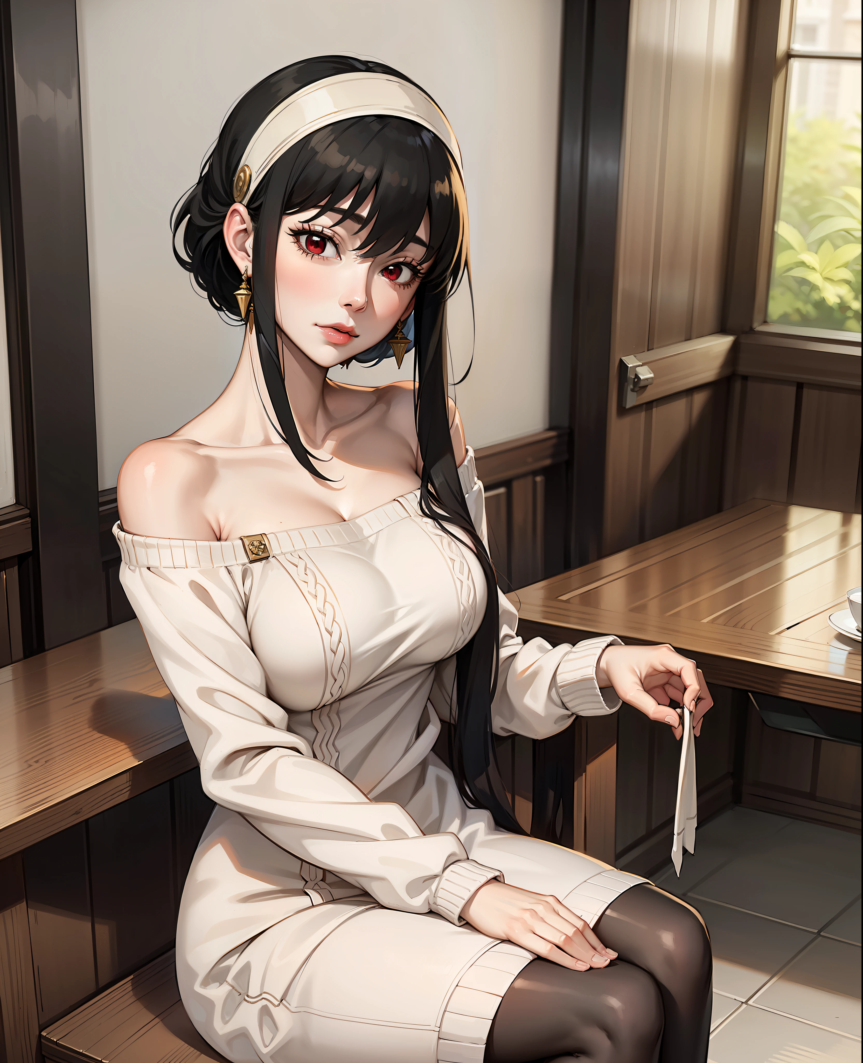 mature woman,Yor briar,(long sidelocks ,short hair, short hair with long locks:1.2), bangs,white headband,red eyes,gold earrings,off-shoulder sweater, red sweater,collarbone, black hair , straight hair,mature woman ,black pantyhose , [thick thighs]