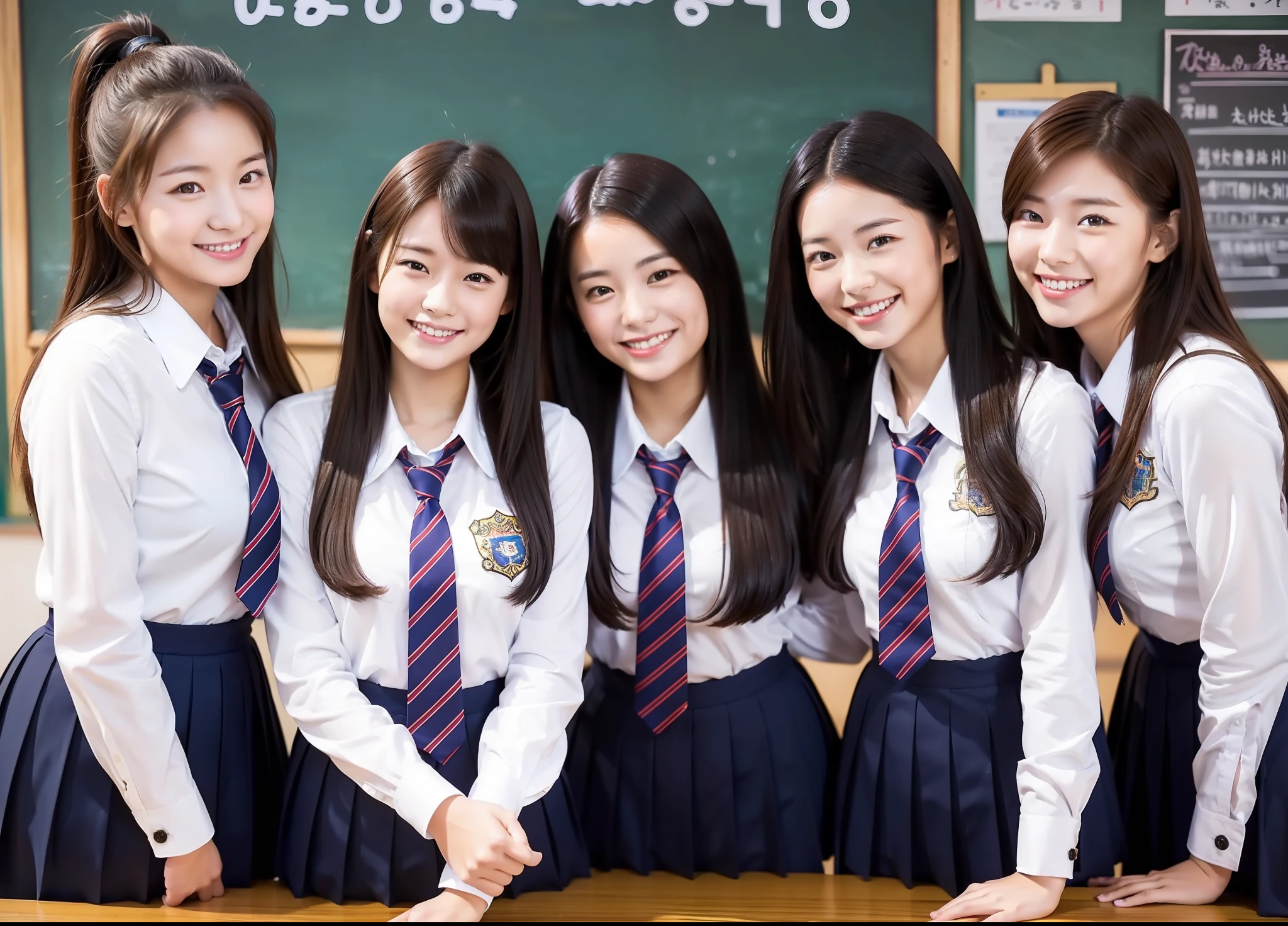 3 young women, oriental, idol, beauty, , school uniform, classroom, smiling