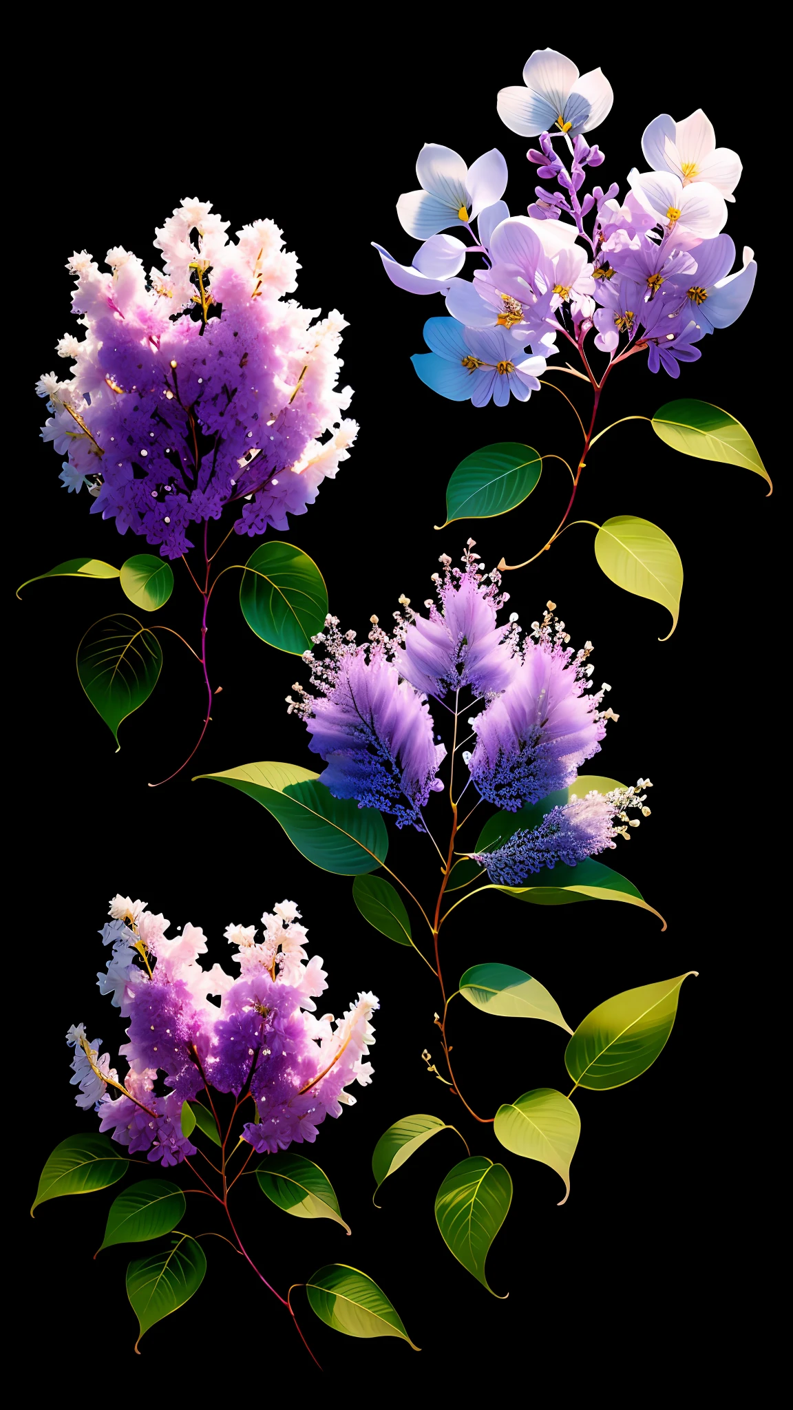 Delicate branches of lilacs, ultra-transparent, holy light, beautiful spectral light, petals glowing and shimmering, surrounded by fog, transparent droplets, reflected light, bright, light flowing in, optics, portrait silhouette, sharp focus, magical, intricate, surrealism, fantasy, composition, light, trends on artstation, pearls, water droplets, patron clouds of silver vapor, corrosion enveloping ray family, 8k, ureal ar 23v4 uplight