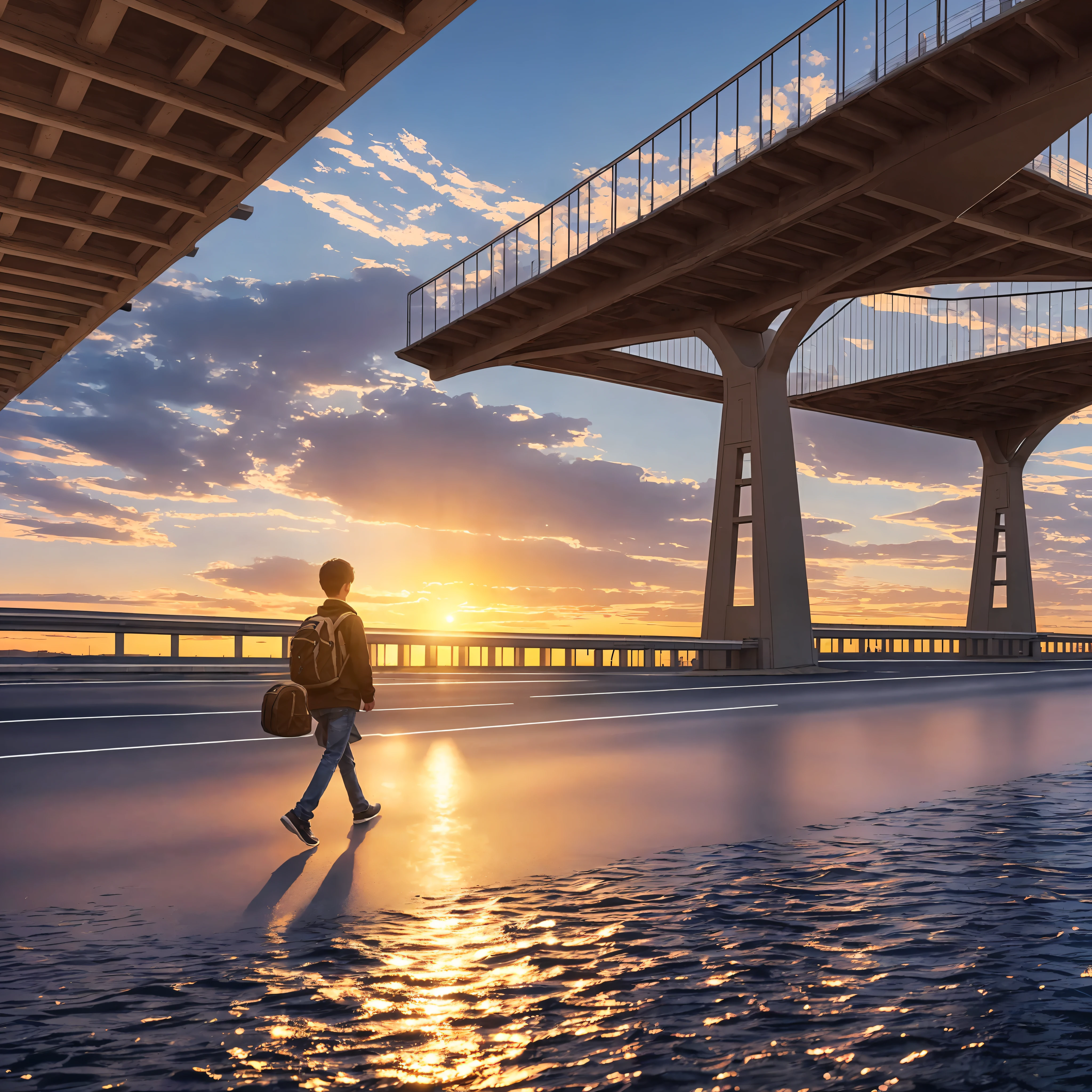 8k, ultra realistic, highly detailed, masterpiece,top quality, high resolution,1 boy and girl walking ,in a bridge, vehicles passes,sun set time,some water on road , realistic shadows in water of surrounding --auto --s2