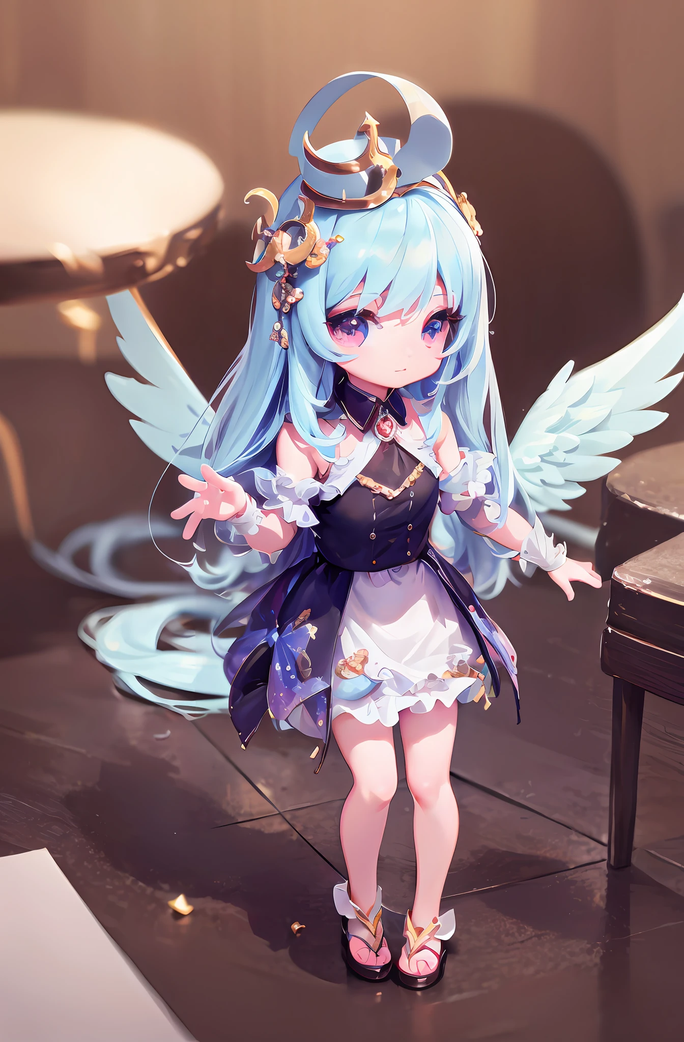 One angel doll on the table, 8K high quality detail art, 1 anime angel, style as Nendoroid, stylized anime, anime style 4K, cute detailed digital art, Guweiz style artwork, 8K octar rendering photos, advanced digital chibi art, cute 3D rendering, anime style. 8k