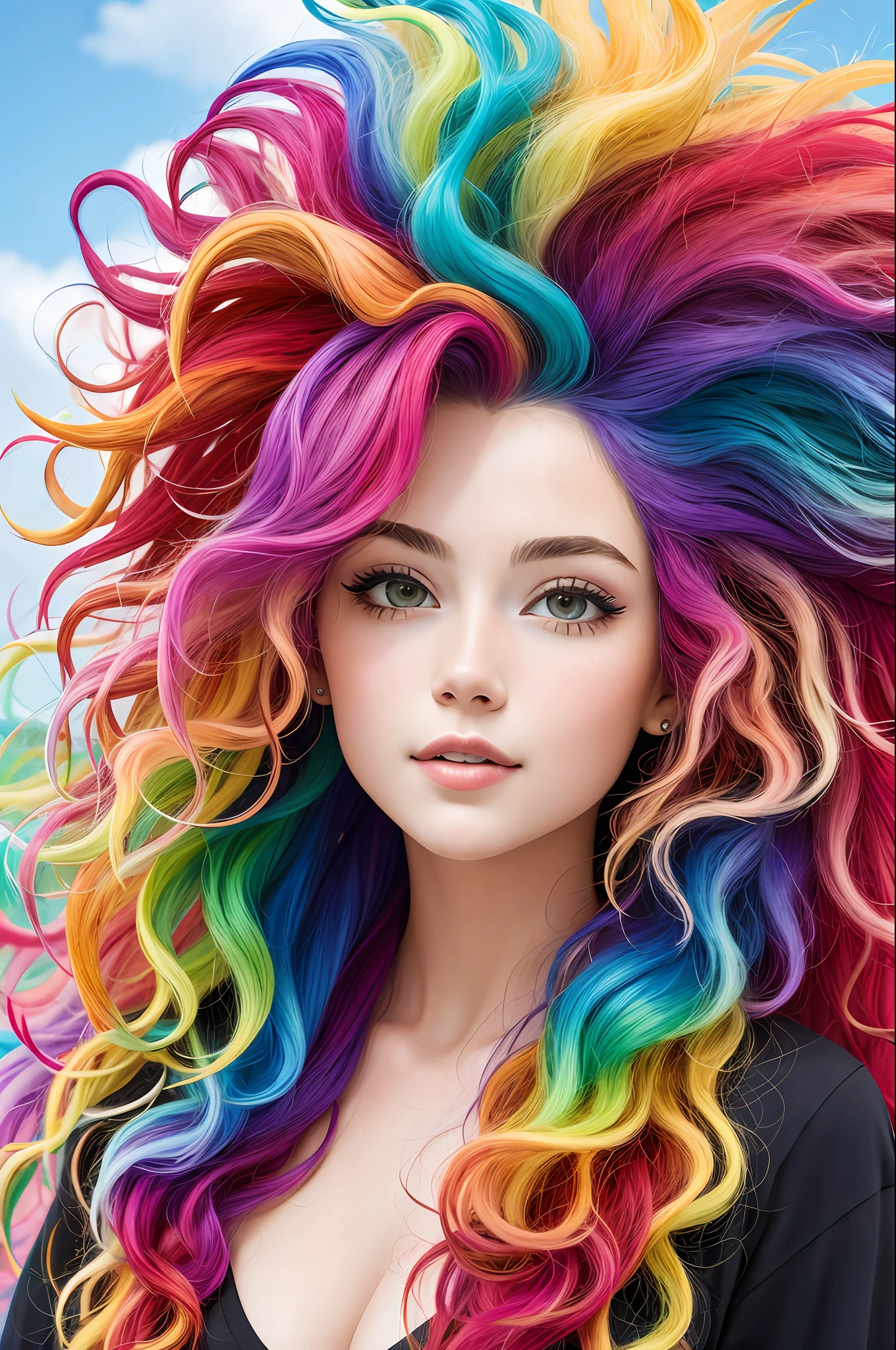 best quality, masterpiece, girl with really wild hair, mane, multicolored hair,8k