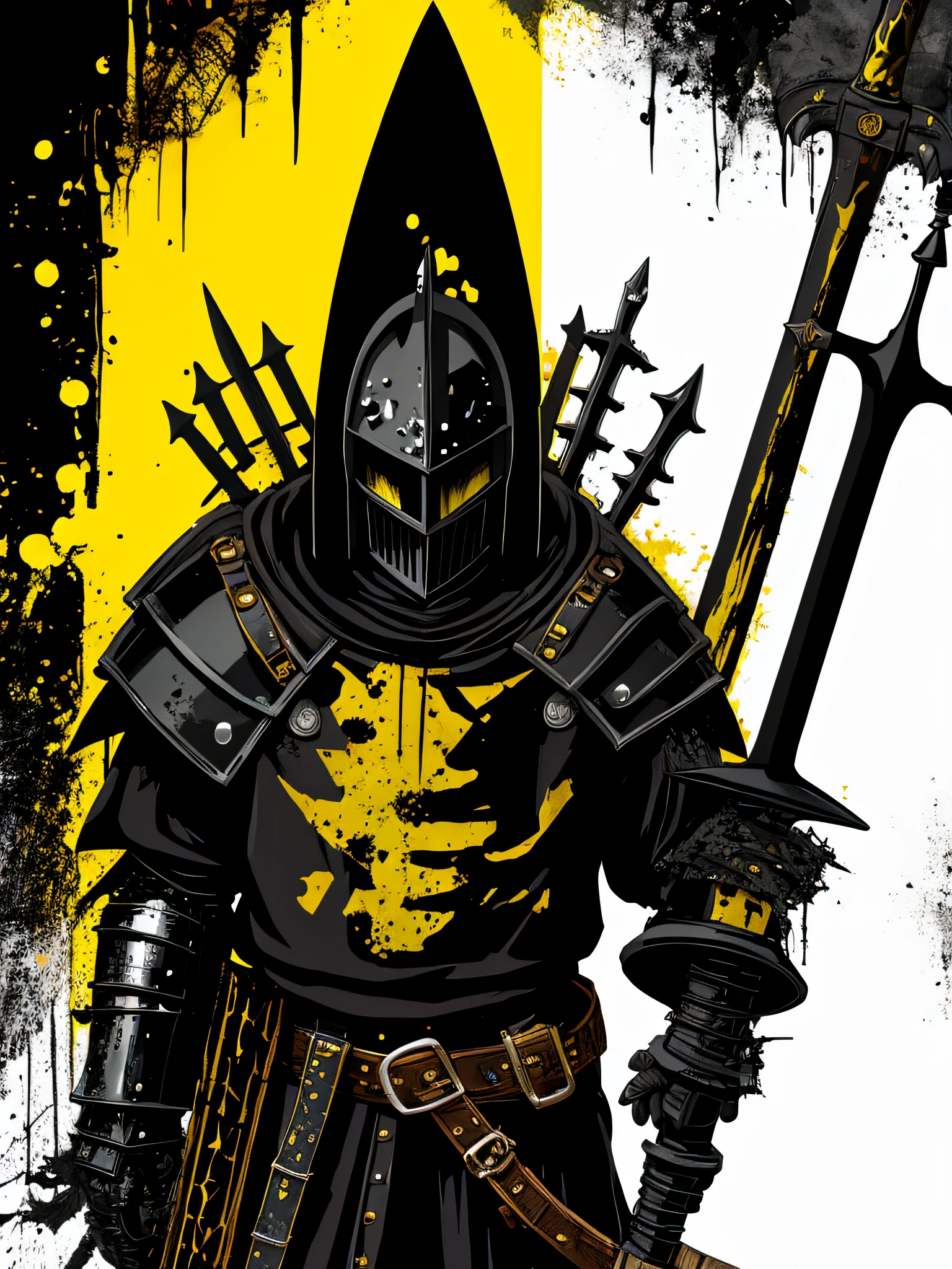 yellow and black, a medieval black knight with a large sword, in the style of Mork Borg, strong contrast, grunge dirty punk splash art, black metal zine