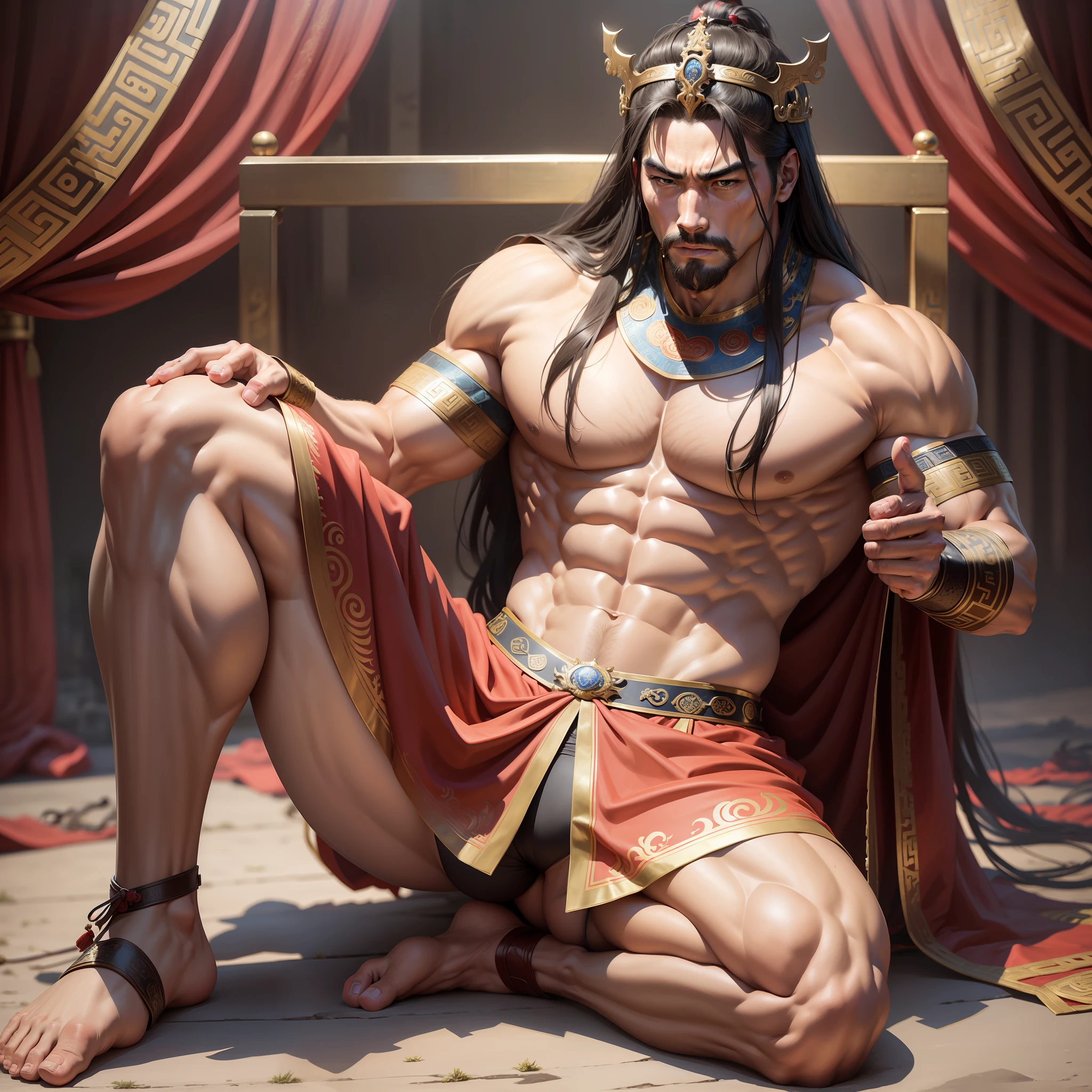 Realistic,Hot muscular Emperor of the Han dynasty on his knees with legs spread apart, wearing an ancient revealing Chinese dress with a tight thong a huge bulge with long silky hair and masculine features with a serious face looking at the ground.Battle scars, a huge throne behind him