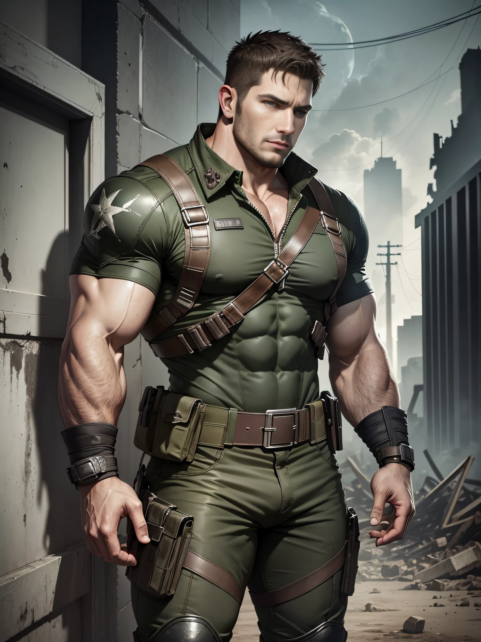 Movie poster, character design (Resident Evil - Chris Redfield, Chris Redfield) wearing black camouflage combat uniform, standing alone in the ruins of the apocalypse, expression sad, muscular male hero, heroic male pose, tall and burly, muscular! Jewel-like eyes, deep and charming eyes, tall and burly, black camouflage combat uniform, super buff and cool, high resolution committee, black military boots, attractive strong male, moonlight on the body, lonely