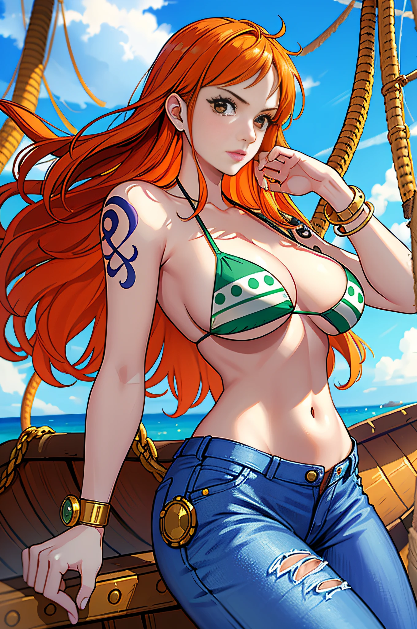 (((masterpiece+best quality+high resolution+ultra-detailed))), 1girl with clima-tact, Nami, long silky orange hair, high nose, sharp eyes, noble and inviolable temperament, (([female]: 1.2 + [beauty]: 1.2 + orange long hair: 1.2)), pirate ship background, blue sky, clouds, log pose, gold bracelets, revealing green and white bikini halter top, tight low-rider jeans, shoulder tattoo, bright eyes, dynamic angle and posture.