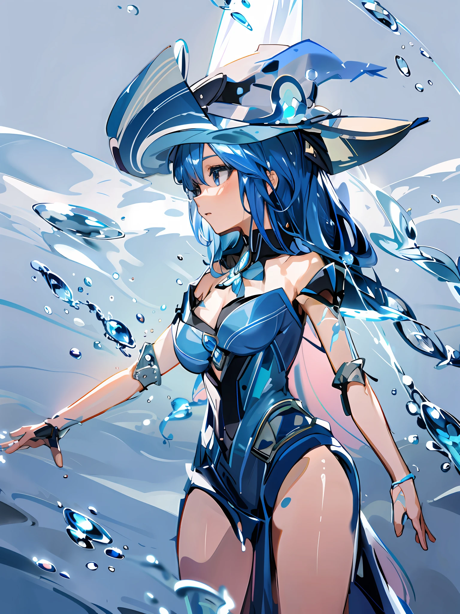 Anime girl with blue hair, blue hat and blue dress, water type, water element, masterpiece, 1girl, super detailed, 12k