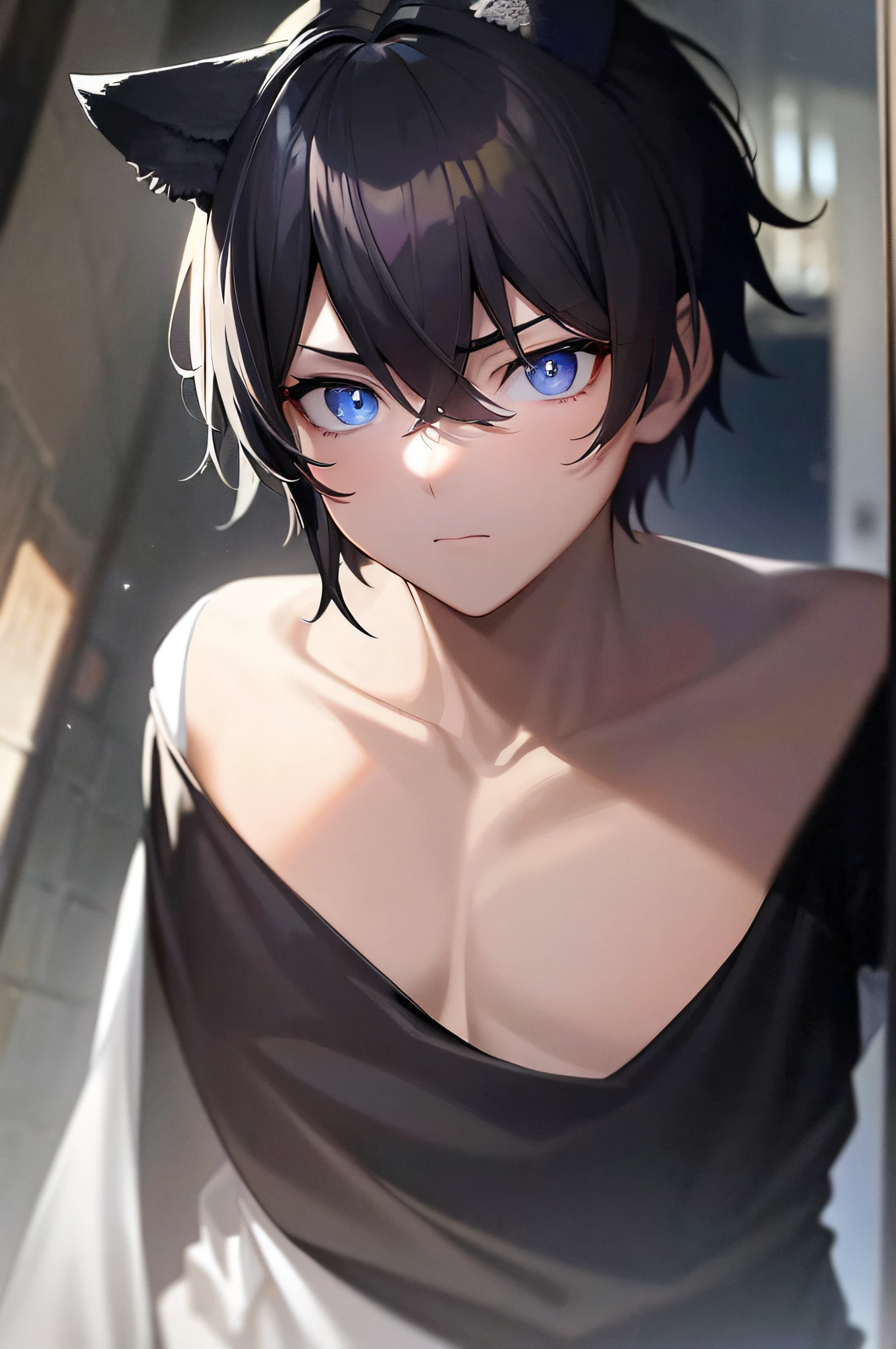 ((A male:1.2)), ((man:1.2)), white T-shirt, first-person view, glaring, Face Shot, Cold light, An exquisitely detailed and beautifully rendered CG artwork featuring the epic, blue-eyed protagonist Gojou Satoru gazing directly at the viewer while standing at the deserted warehouses, blue eyes, (short black hair:1.2),bandage on face, ((fake dog ears:1.2)), (dark alleys:1.2), (the loneliness of a future world:1.2), ((White shirt:1.2)), styled with a captivating hairdo, helpless loneliness, accentuated with bangs and hair between eyes, highlighting his distinctive and stylish black and short hair, This dynamic composition expertly showcases his strong male focus, in a manner that captivates and intrigues viewers