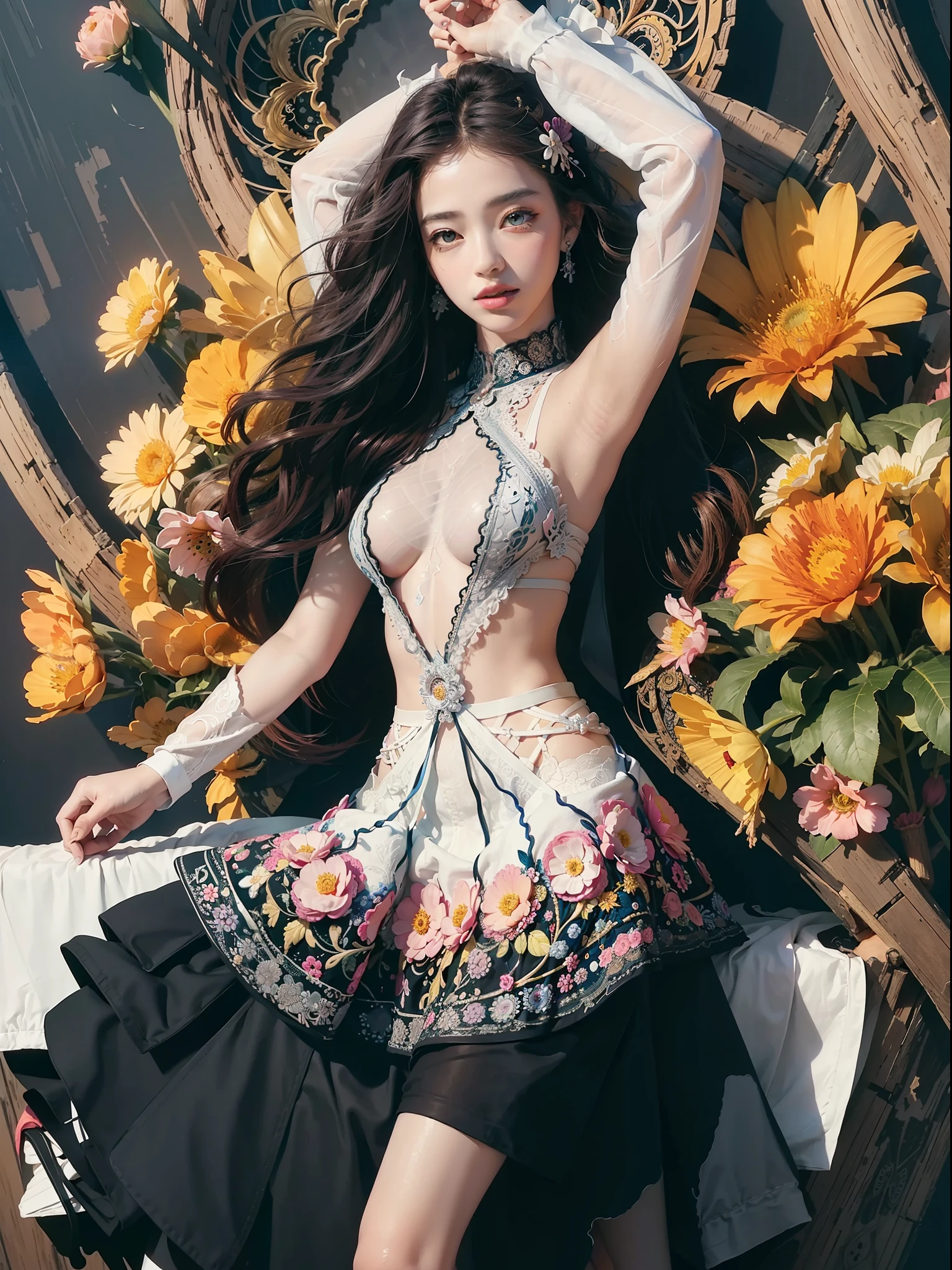 official art, unity 8k wallpaper, ultra detailed, beautiful and aesthetic, beautiful, masterpiece, best quality, (zentangle, mandala, tangle, entangle), (ecstasy of flower:1.2) dynamic angle, cowboyshot, the most beautiful form of chaos, elegant, a brutalist designed, vivid colours, romanticism, atmospheric