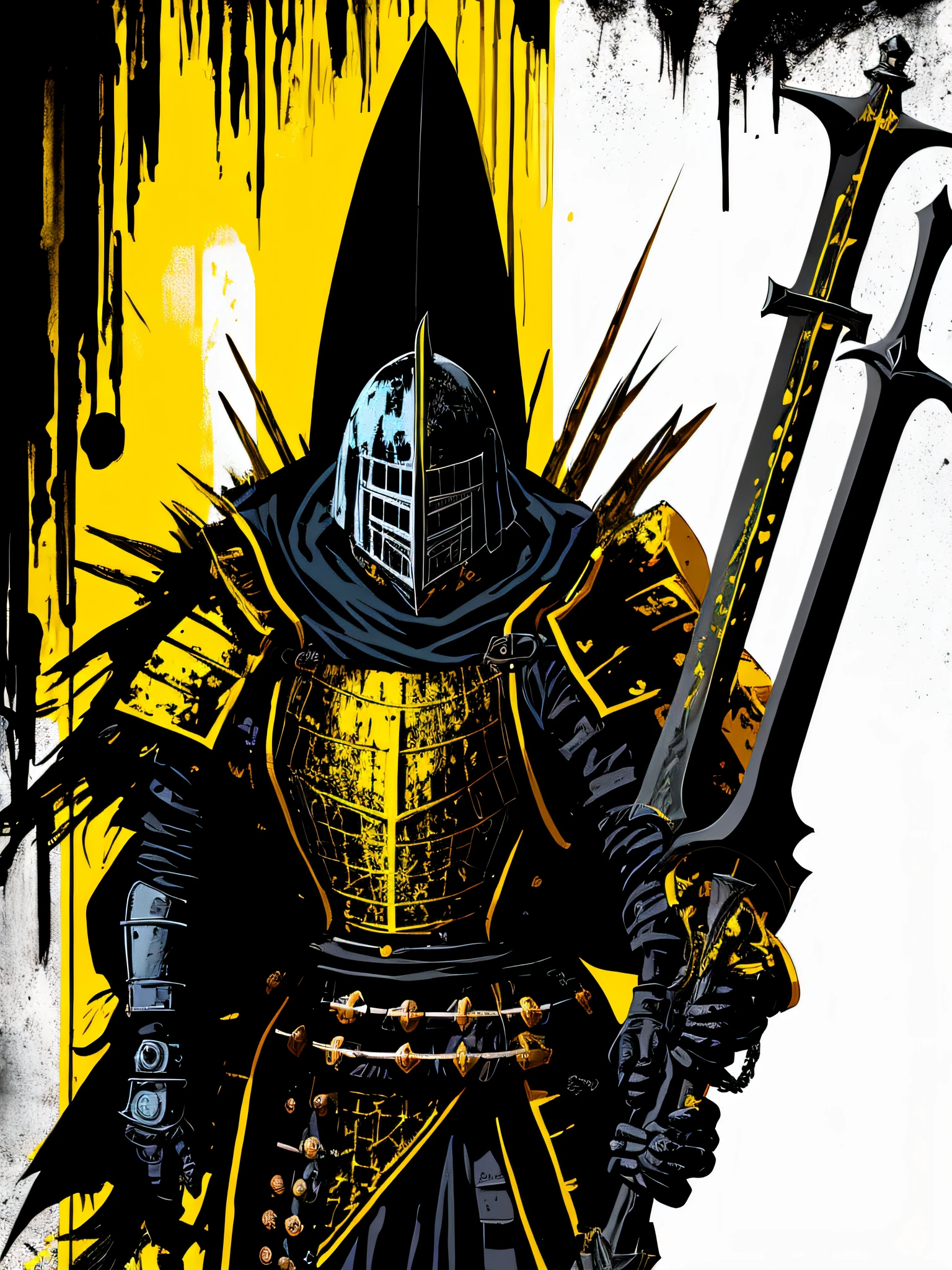 yellow and black, a medieval black knight with a large sword, in the style of Mork Borg, strong contrast, grunge dirty punk splash art, black metal zine