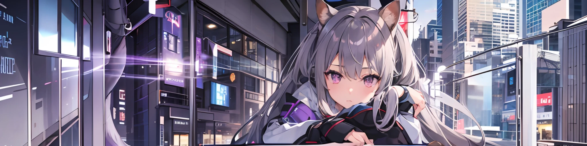 1girl, gray long hair, introvert, small_breasts, big tail, squirrel beauty girl, Squirrel tail, squirrel ears, The tail is behind, purple eyes, grey tail, grey hair, grey ears, light purple eyes, Cute Mute, light-colored shirt, over the knee socks, miniskirt, purple skirt, thighhigh, In school, letterboxed, projected inset, masterpiece, highres, high details, high quality